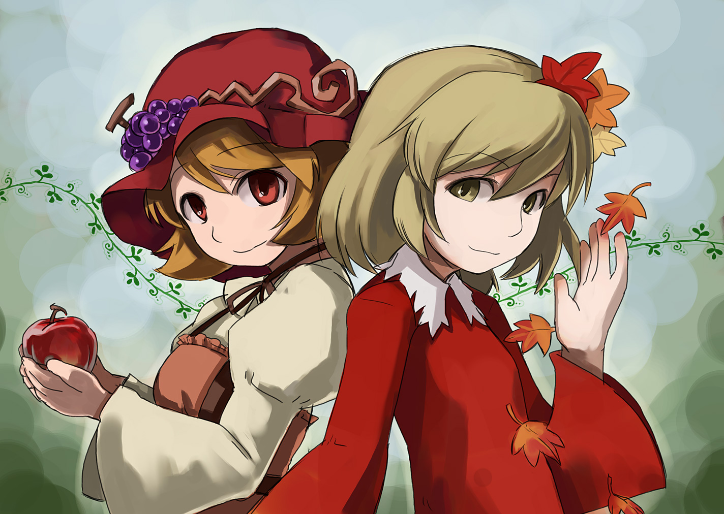 hirosato, aki minoriko, aki shizuha, touhou, 2girls, female focus, hair ornament, leaf, leaf hair ornament, multiple girls, siblings, sisters