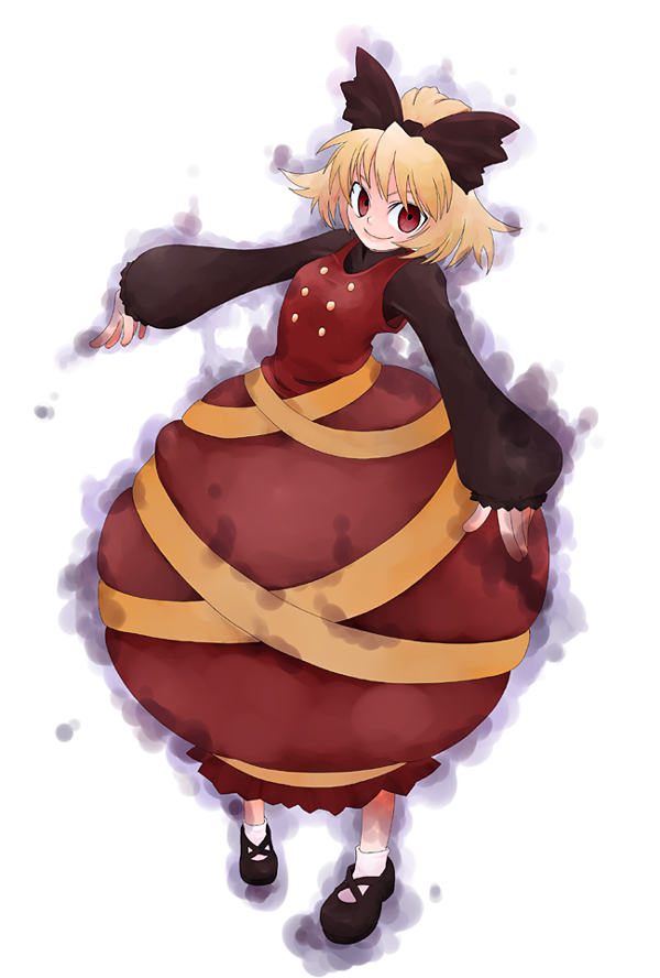 itsukage, kurodani yamame, touhou, 1girl, black bow, blonde hair, bow, buttons, female focus, full body, hair bow, long sleeves, looking at viewer, ponytail, red eyes, short hair, simple background, solo, standing, white background