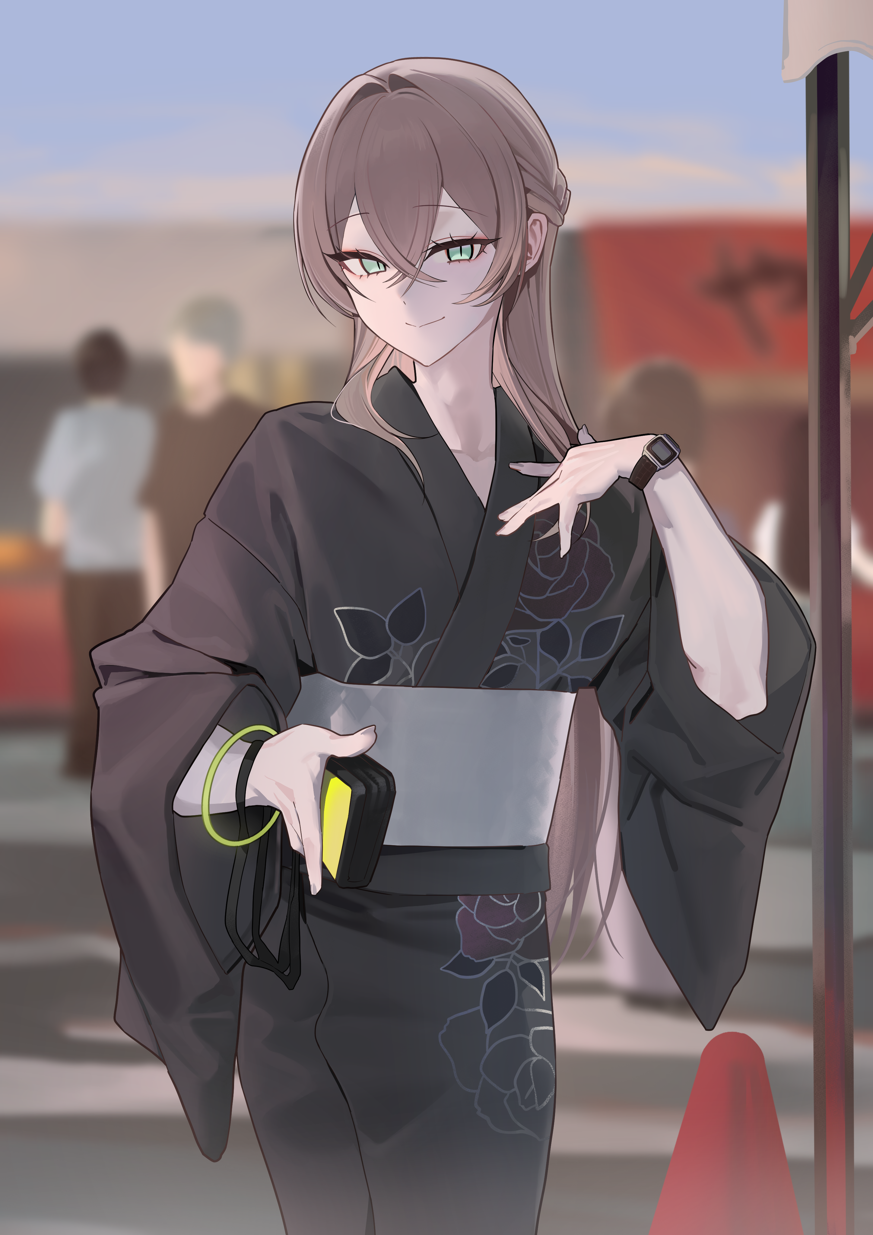 zurui ninjin, original, absurdres, highres, 1boy, bag, black kimono, blurry, blurry background, bracelet, cowboy shot, crossed bangs, floral print, green eyes, holding, holding bag, japanese clothes, jewelry, kimono, looking at viewer, market stall, obi, sash, shun en, standing, trap, watch, wristwatch