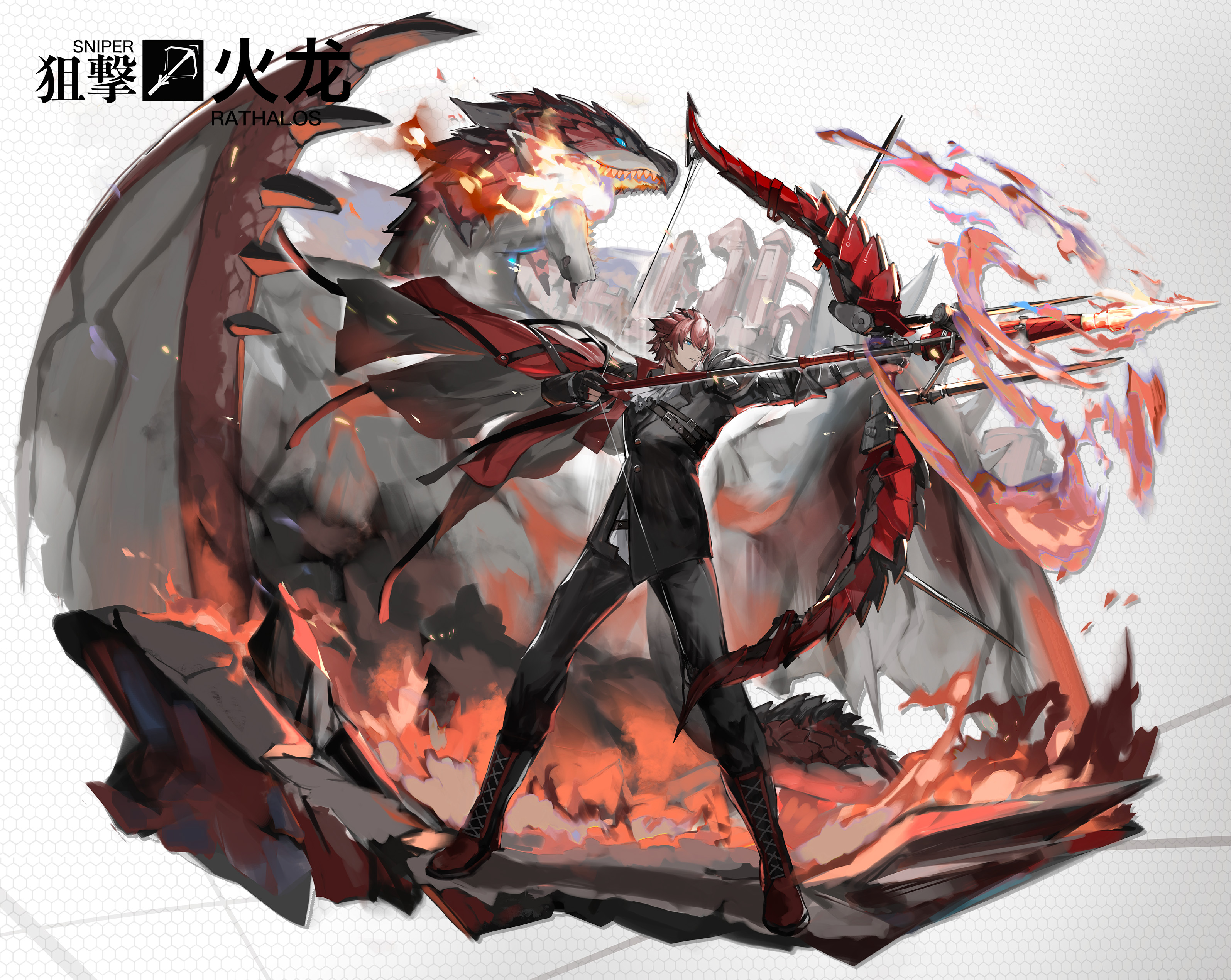 arigiep, rathalos, arknights, monster hunter (series), original, absurdres, commentary, english commentary, highres, mixed-language commentary, 1boy, archery, armor, arrow (projectile), black gloves, black jacket, black pants, blue eyes, boots, bow (weapon), breath weapon, breathing fire, burning, buttons, cape, character name, chest belt, creature and personification, dragon, dragon tail, dragon wings, drop shadow, faux figurine, fire, floating cape, full body, gloves, holding, holding bow (weapon), holding weapon, honeycomb (pattern), honeycomb background, huge weapon, jacket, knee boots, lace-up boots, legs apart, looking ahead, male focus, monster, official style, open mouth, pants, parody, parted lips, partially fingerless gloves, pauldrons, personification, profile, pyrokinesis, red boots, red cape, red hair, red tail, serious, sharp teeth, shirt tucked in, shoulder armor, simple background, single pauldron, smoke, solo, spiked hair, spiked tail, spiked wings, standing, style parody, tail, teeth, two-sided cape, two-sided fabric, vambraces, weapon, white background, wings