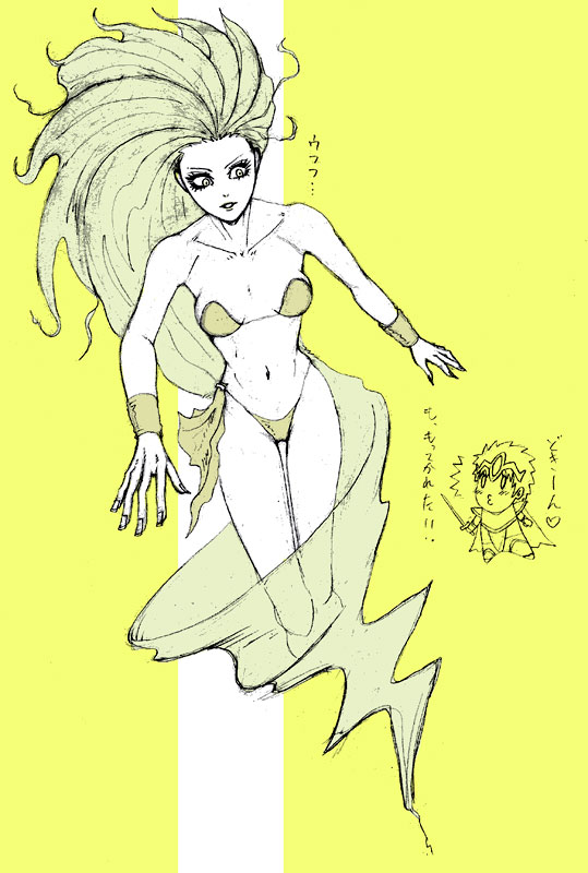 neko mariacchi, barbariccia, cecil harvey, paladin (final fantasy), final fantasy, final fantasy iv, bad id, bad pixiv id, translation request, 1990s (style), 1boy, 1girl, absurdly long hair, bikini, blonde hair, chibi, long hair, monochrome, navel, paladin, swimsuit, very long hair, wristband