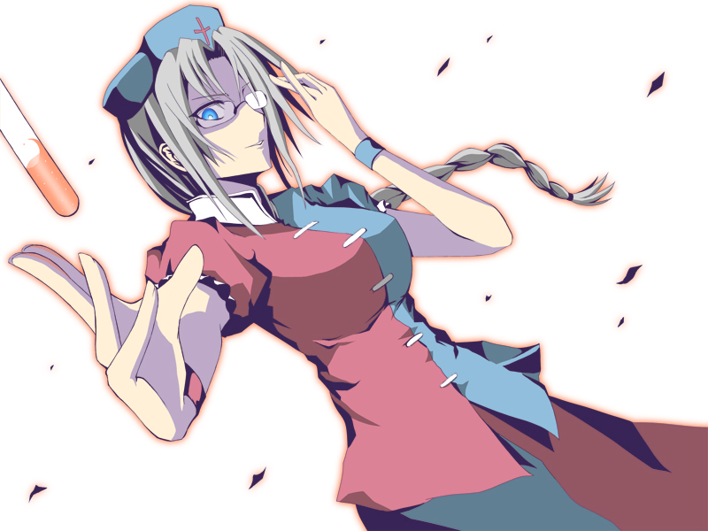 koumei (artist), koumei (harmonizer), yagokoro eirin, touhou, 1girl, bad anatomy, bespectacled, blue eyes, braid, breasts, cowboy shot, dress, dutch angle, female focus, glasses, grey hair, hair tie, hat, koomee, liquid, long hair, looking at viewer, low-tied long hair, medium breasts, multicolored dress, nurse cap, pale skin, parted bangs, parted lips, puffy short sleeves, puffy sleeves, shaded face, short sleeves, simple background, single braid, smile, solo, test tube, white background