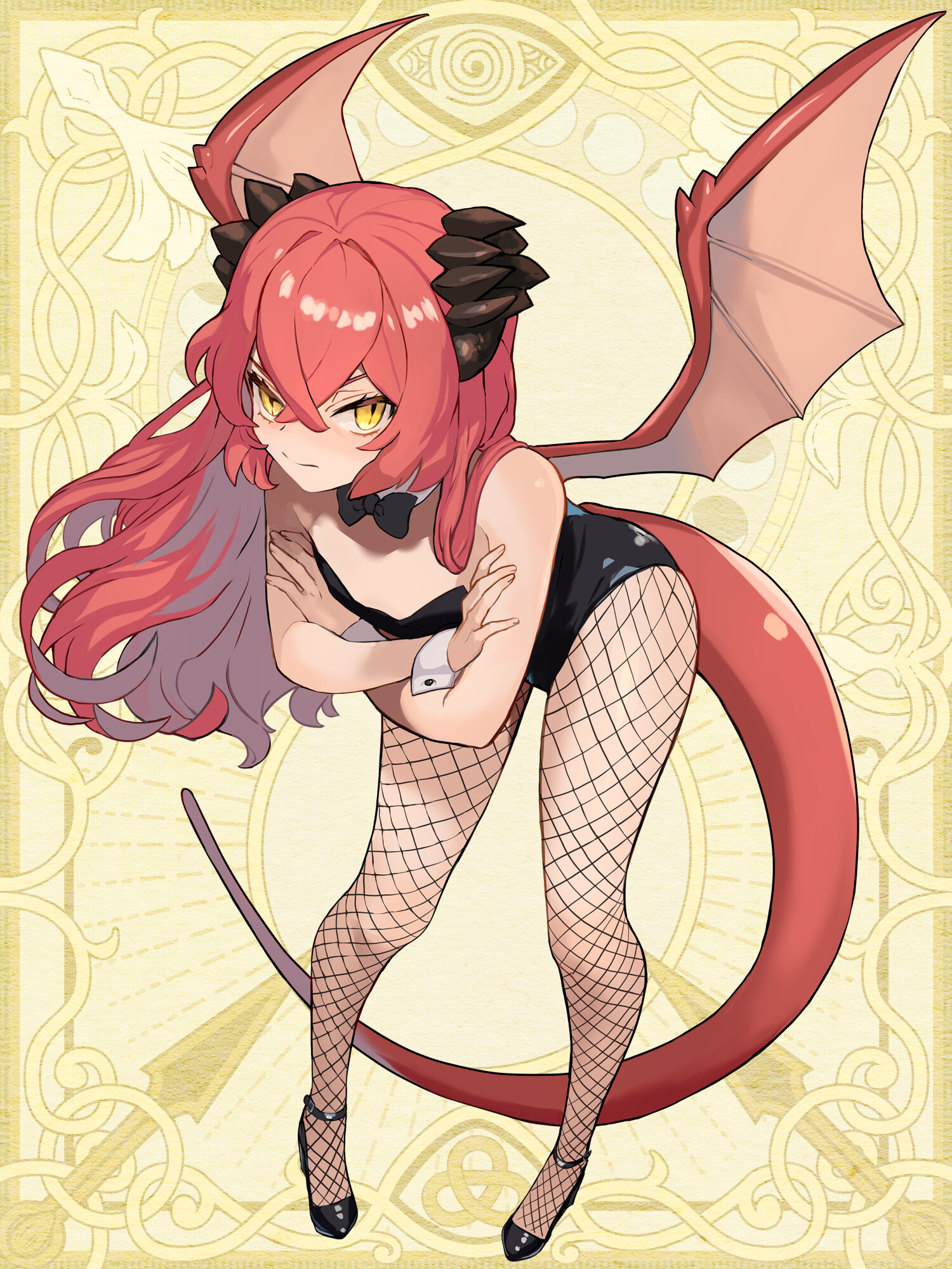 kishiba yuusuke, chain paradox, highres, 1girl, black bow, black bowtie, black leotard, black shoes, bow, bowtie, breasts, crossed arms, dragon tail, dragon wings, fishnet pantyhose, fishnets, full body, hair between eyes, leotard, long hair, pantyhose, red hair, shoes, small breasts, solo, standing, tail, wings, wrist cuffs, yellow background, yellow eyes