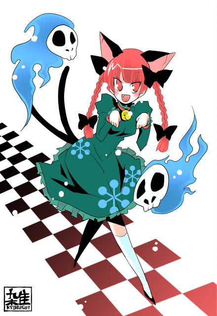 kogawa, kaenbyou rin, touhou, 1girl, braid, female focus, full body, solo, twin braids, white background