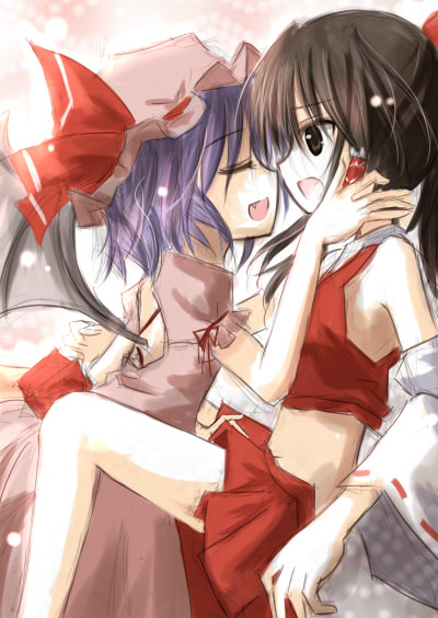 mashayuki, hakurei reimu, remilia scarlet, touhou, light purple hair, 2girls, bat wings, black eyes, black hair, blue hair, closed eyes, detached sleeves, fang, female focus, hair ribbon, hat, japanese clothes, midriff, miko, multiple girls, ponytail, ribbon, sketch, wings, yuri