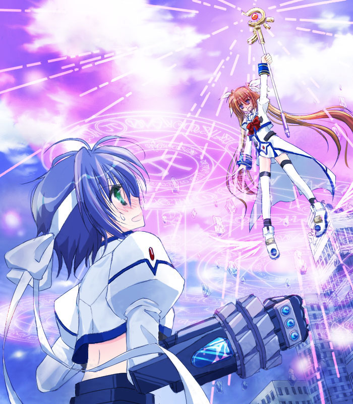 shuuhei (artist), shuuhei (shoohey), raising heart, raising heart (accel mode), revolver knuckle, subaru nakajima, takamachi nanoha, takamachi nanoha (aggressor mode), lyrical nanoha, mahou shoujo lyrical nanoha, mahou shoujo lyrical nanoha strikers, uniform, winged footwear, 00s, 2girls, arm up, battle, blue hair, blush, bow, bowtie, dress, gauntlets, green eyes, headband, light rays, long hair, long sleeves, magazine (weapon), magic circle, magical girl, multiple girls, red bow, red bowtie, red hair, shoes, single gauntlet, thighhighs, twintails, very long hair, waist cape, white devil, white dress, wings