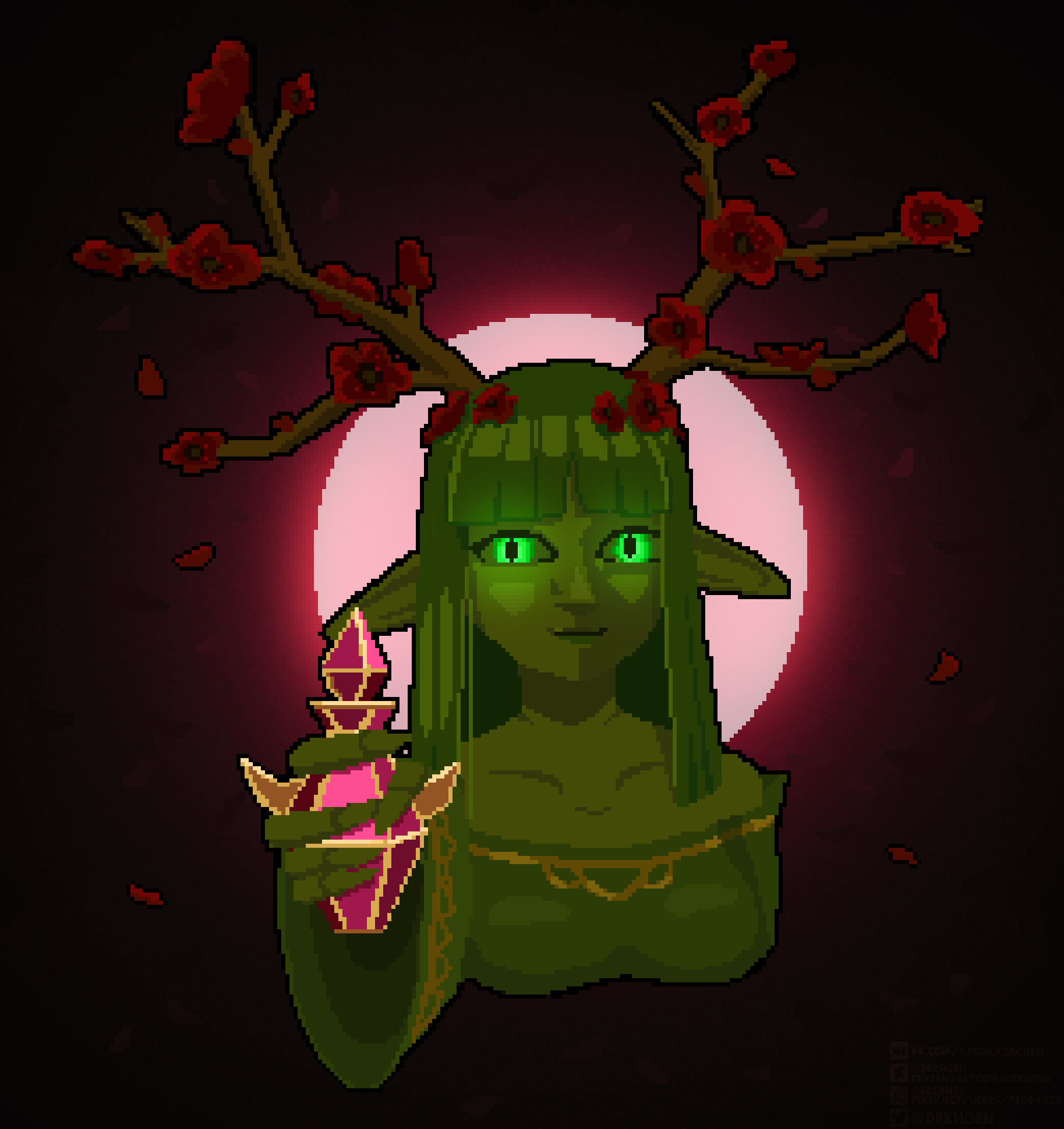 ederney, commentary, english commentary, highres, antlers, black background, blunt bangs, blunt ends, bottle, breasts, closed mouth, collarbone, colored skin, deer antlers, dress, elf, falling petals, flower, glowing, glowing eyes, green dress, green eyes, green lips, green skin, holding, holding bottle, horns, long pointy ears, long sleeves, looking at viewer, lunacid, medium hair, moon, nose, patchouli (lunacid), petals, pixel art, pointy ears, portrait, red flower, red moon, red petals, russian commentary, small breasts, wide sleeves