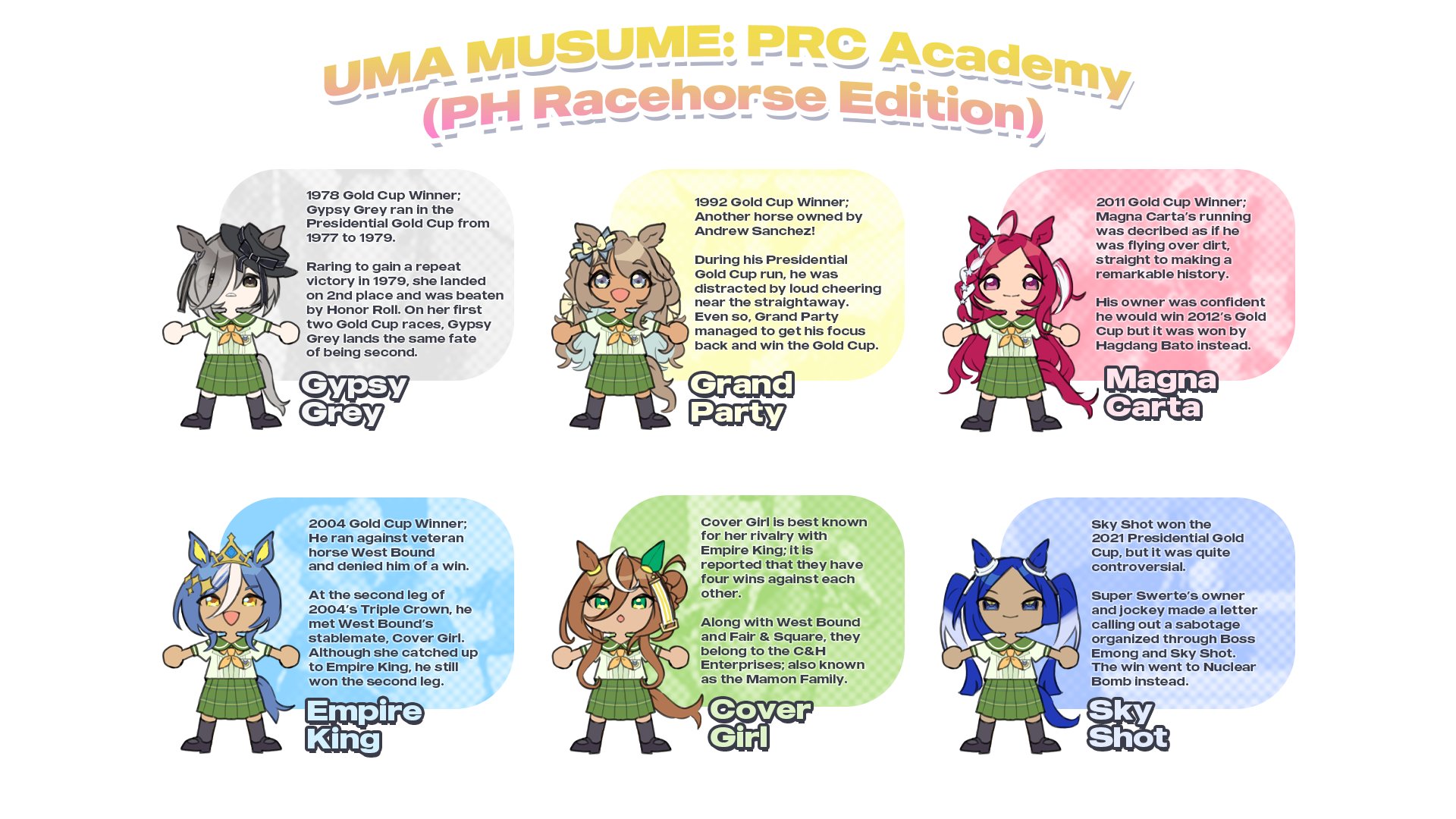 hito (maruhito), original, umamusume, commentary, english commentary, highres, 6+girls, :d, animal ears, black hair, blue eyes, blue hair, braid, brown hair, bun with braided base, character name, chibi, chibi only, cover girl (racehorse), ear covers, empire king (racehorse), english text, gradient hair, grand party (racehorse), green eyes, green sailor collar, green skirt, grey eyes, grey hair, gypsy grey (racehorse), hair bun, horse ears, horse girl, horse tail, information sheet, long hair, magna carta (racehorse), medium hair, medium skirt, multicolored hair, multiple girls, one side up, open mouth, parted bangs, parted lips, personification, pink eyes, pleated skirt, red hair, sailor collar, school uniform, serafuku, shirt, single ear cover, single side bun, skirt, sky shot (racehorse), smile, streaked hair, tail, twintails, very long hair, white hair, white shirt