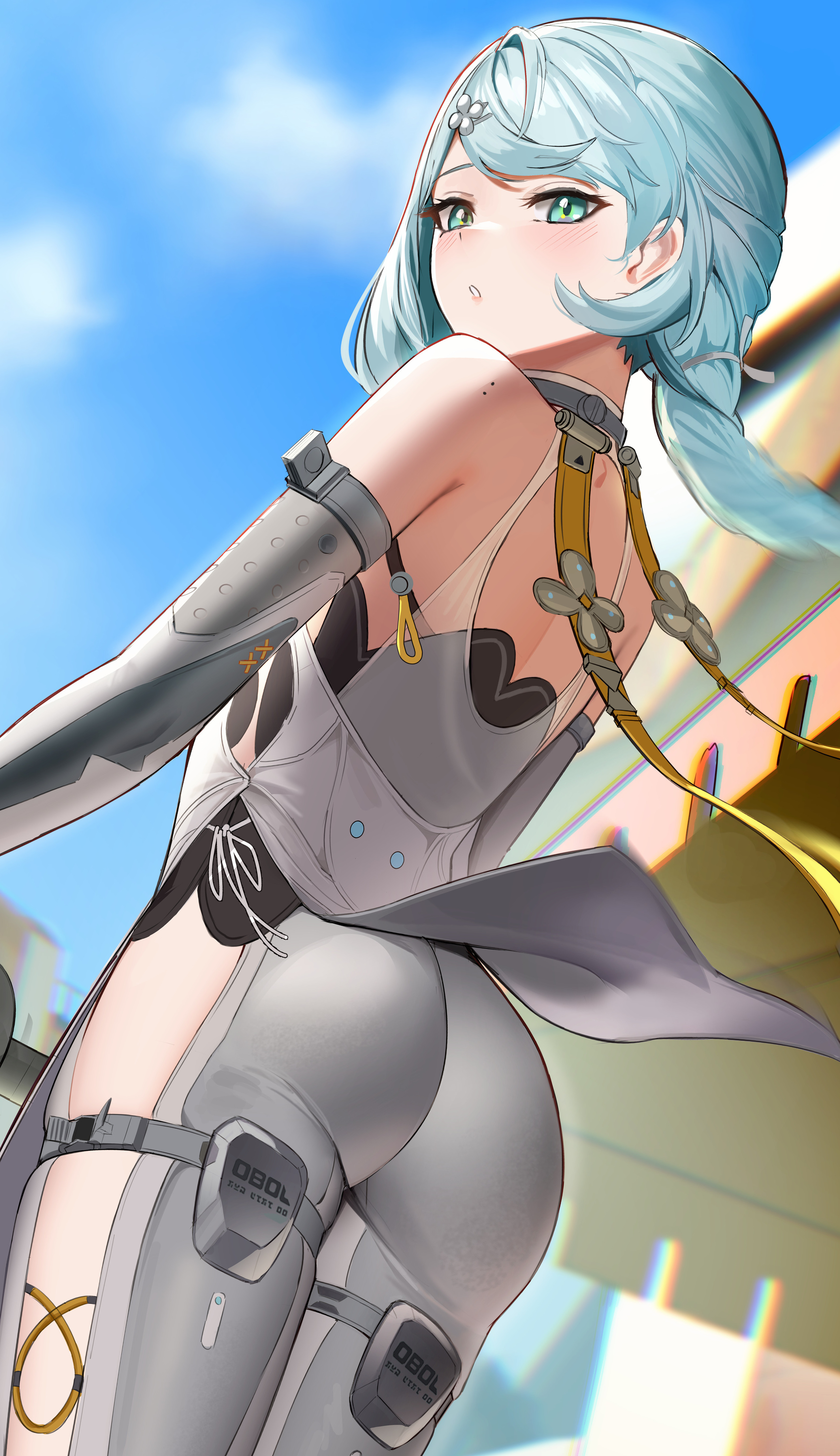 anoreika tomoe, seed (zenless zone zero), zenless zone zero, 1girl, ahoge, aqua hair, ass, bare shoulders, blush, bodysuit, braid, detached sleeves, elbow gloves, from behind, gloves, green eyes, hair ornament, hairclip, long hair, looking at viewer, open mouth, single braid, skin tight, solo