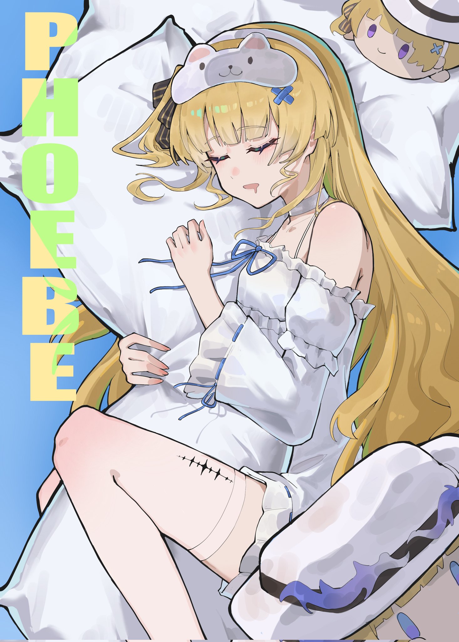 wuye z, phoebe (wuthering waves), wuthering waves, commentary, corrupted twitter file, highres, 1girl, alternate costume, bare shoulders, blonde hair, breasts, character name, closed eyes, dress, hair ornament, hairband, long hair, mask, mask on head, open mouth, pillow, remnant cube (wuthering waves), saliva, sleep mask, sleeping, small breasts, solo, tacet mark (wuthering waves), thighhighs, very long hair, white dress, white hairband, white thighhighs, x hair ornament