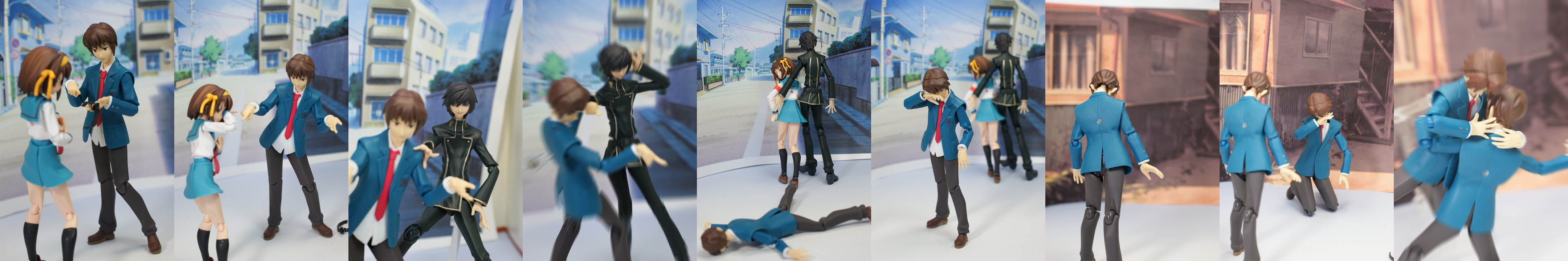 koizumi itsuki, kyon, lelouch vi britannia, suzumiya haruhi, code geass, figma, suzumiya haruhi no yuuutsu, absurdres, highres, long image, photo (medium), wide image, 00s, 1girl, 3boys, crossover, figure, multiple boys