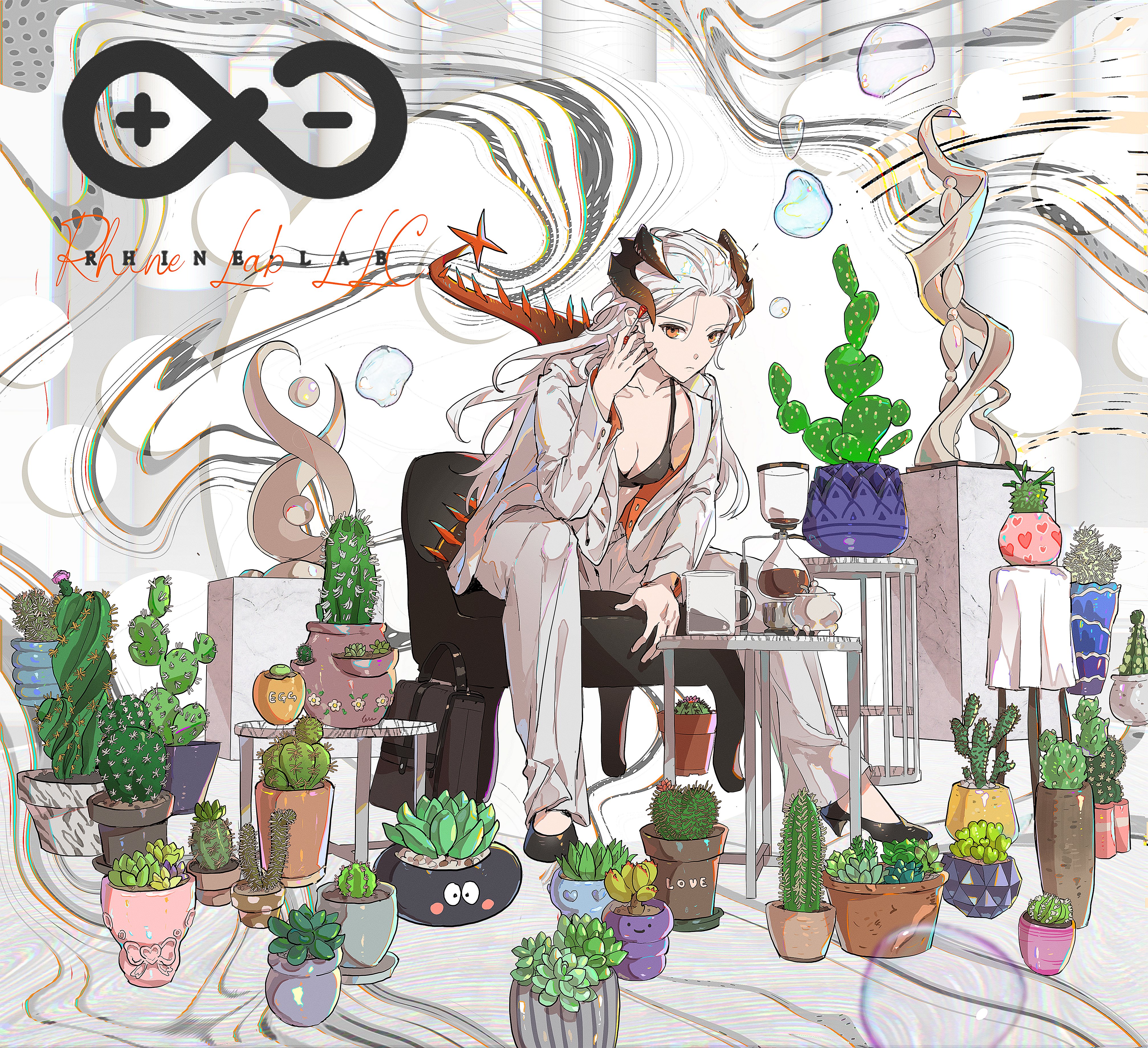saria (arknights), arknights, absurdres, hashtag-only commentary, highres, 1girl, abstract background, absurdly detailed composition, alternate costume, bag, beaker, black bra, black shoes, bra, breasts, bubble, cactus, chair, cleavage, coffee maker, coffee siphon, collarbone, dugen, expressionless, full body, gradient horns, hand up, high heels, holding, horns, jacket, leaning forward, loaded interior, long hair, long sleeves, looking at viewer, midriff peek, multicolored horns, on chair, open clothes, open jacket, orange eyes, orange horns, pants, plant, potted plant, rhine lab logo, sculpture, shoes, sideways glance, sitting, small breasts, solo, spiked tail, succulent plant, suit jacket, tail, tail raised, too many, underwear, white jacket, white pants, wings
