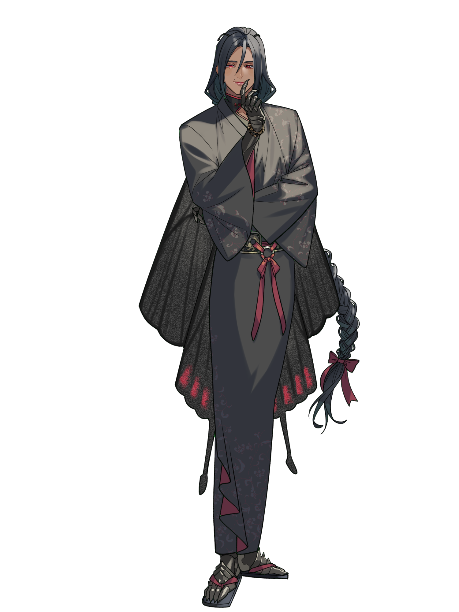 hasuha makoto, chain paradox, highres, 1boy, antennae, black hair, black kimono, bracelet, braid, hair between eyes, japanese clothes, jewelry, kimono, long hair, looking at viewer, low-tied long hair, male focus, o-ring, red eyes, sandals, solo, standing, transparent background, very long hair, wide sleeves, wings, yu-ka (chain paradox)
