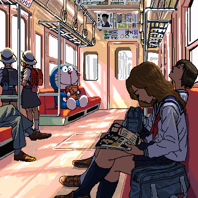 ug (ugg), doraemon (character), doraemon, bad id, bad pixiv id, lowres, 4girls, backpack, bag, multiple girls, oekaki, randoseru, reading, school uniform, slice of life, train, train interior, vanishing point