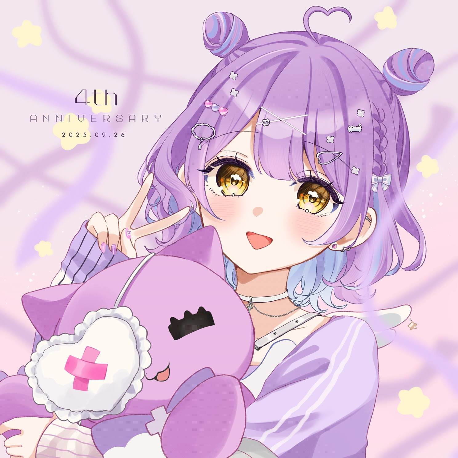 rino cnc, shinomiya runa, vspo!, commentary request, highres, 1girl, ahoge, blue hair, colored inner hair, dated, double bun, ear piercing, earrings, hair bun, hair ornament, heart, heart ahoge, holding, jewelry, looking at viewer, multicolored hair, nail polish, open mouth, piercing, purple hair, purple nails, short hair, sleeves past wrists, solo, stud earrings, two-tone hair, virtual youtuber, x hair ornament, yellow eyes