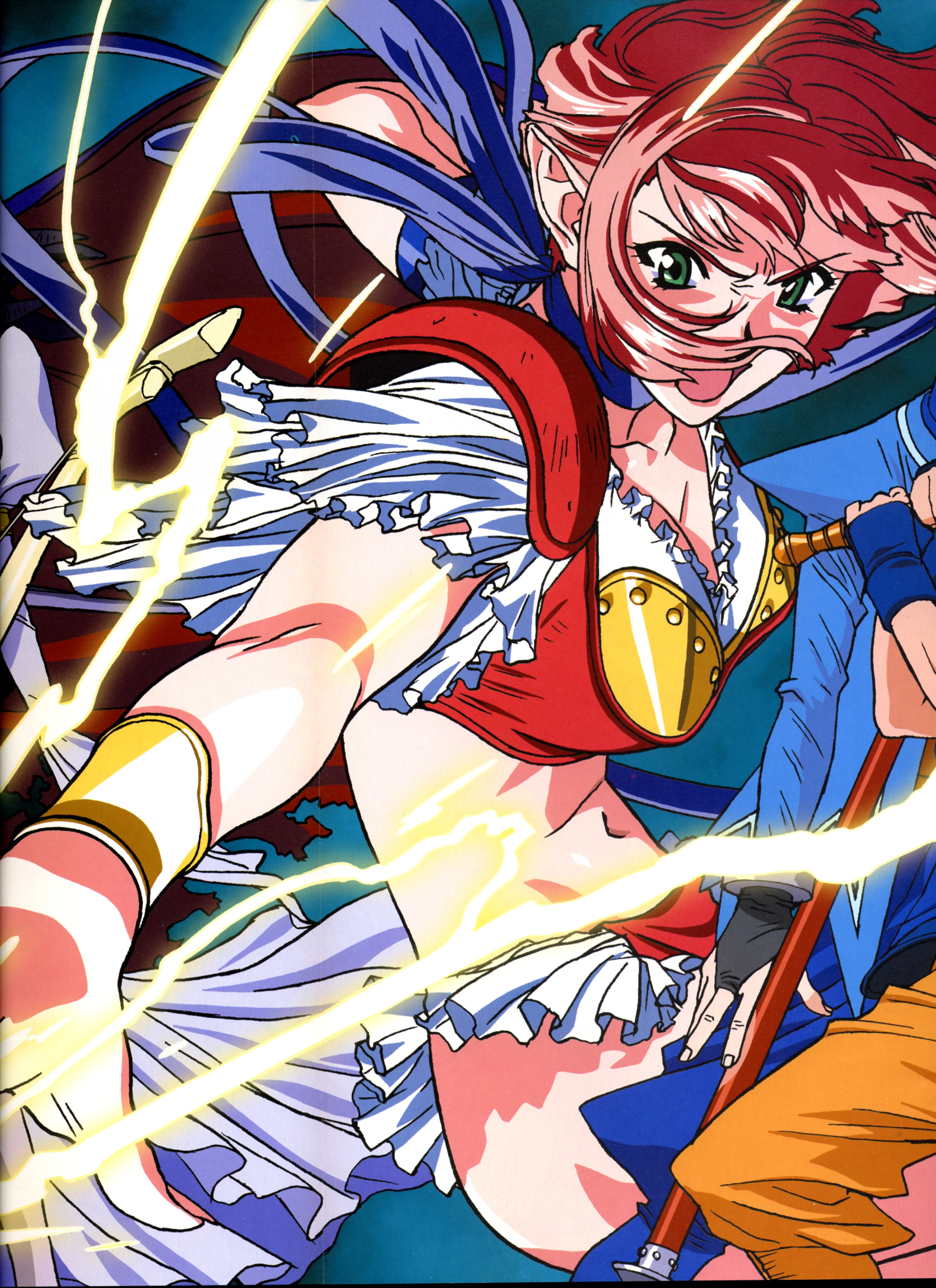 kimura takahiro, cala, sogna, viper (series), viper rsr, absurdres, highres, official art, scan, 1girl, armor, breasts, cleavage, elf, green eyes, huge breasts, lightning, magic, pink hair, pointy ears, poster (medium), ribbon, short hair, solo focus