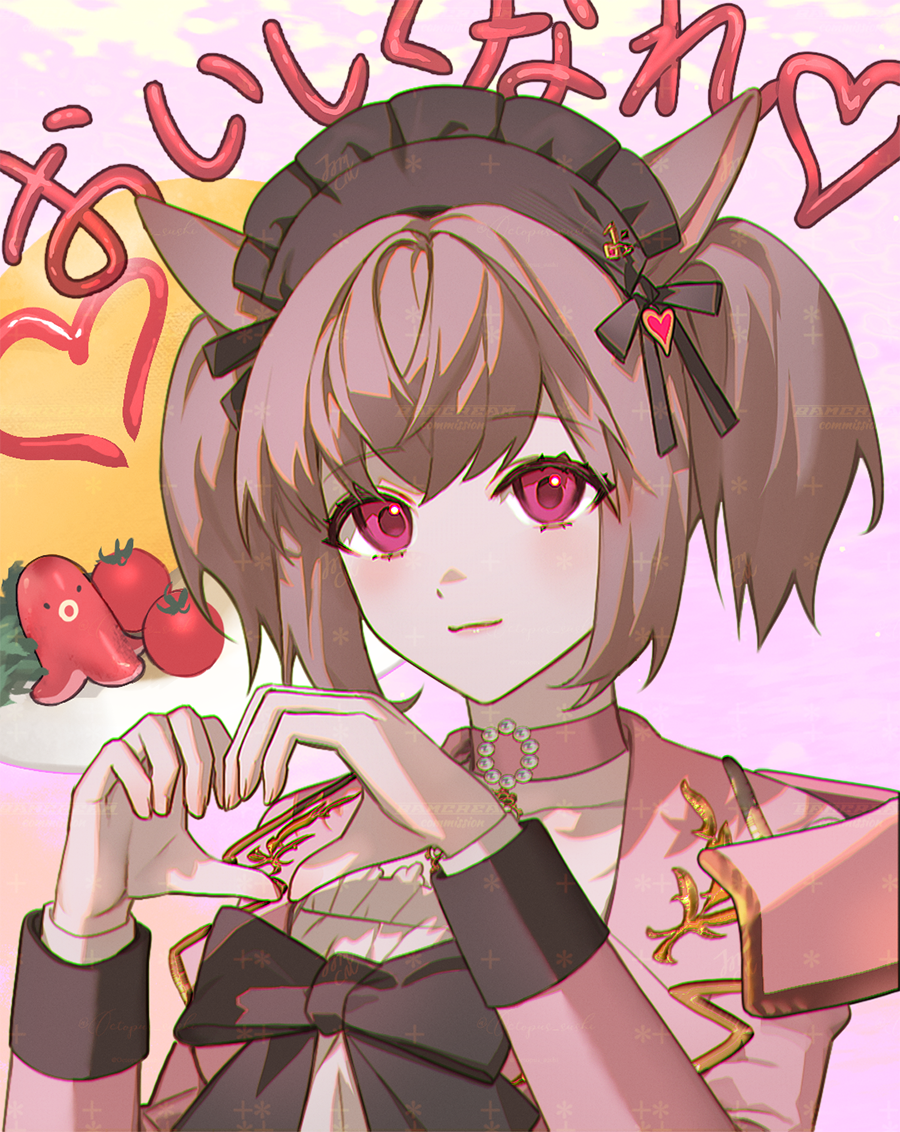 bamcream, final fantasy, final fantasy xiv, character request, commentary, commission, english commentary, translation request, 1girl, animal ears, black bow, black bowtie, black hat, bow, bowtie, brown hair, cherry tomato, choker, closed mouth, food, food art, hat, heart, heart hands, jacket, light smile, long sleeves, looking at viewer, miqo'te, omelet, omurice, pink choker, pink eyes, pink jacket, portrait, short hair, sidelocks, solo, tako-san wiener, tomato, twintails, watermark