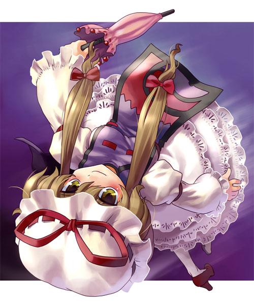 katahira masashi, yakumo yukari, touhou, white legwear, 1girl, blonde hair, breasts, dress, female focus, full body, gradient background, hat, holding, holding umbrella, long hair, low-tied long hair, mob cap, solo, umbrella, yellow eyes