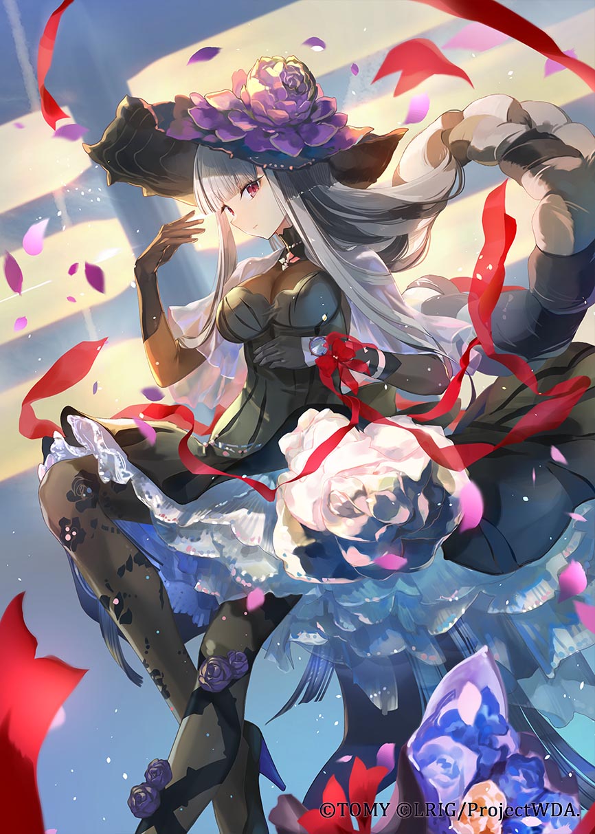 virus (obsession), alfou (wixoss), wixoss, highres, official art, 1girl, black dress, black gloves, black hair, black hat, black pantyhose, black shoes, braid, breasts, closed mouth, copyright notice, dress, elbow gloves, flower, frilled dress, frills, gloves, grey hair, hat, hat flower, high heels, large breasts, long hair, multicolored hair, pantyhose, petals, red eyes, see-through cleavage, see-through clothes, shoes, sidelocks, single braid, solo, two-tone hair, very long hair