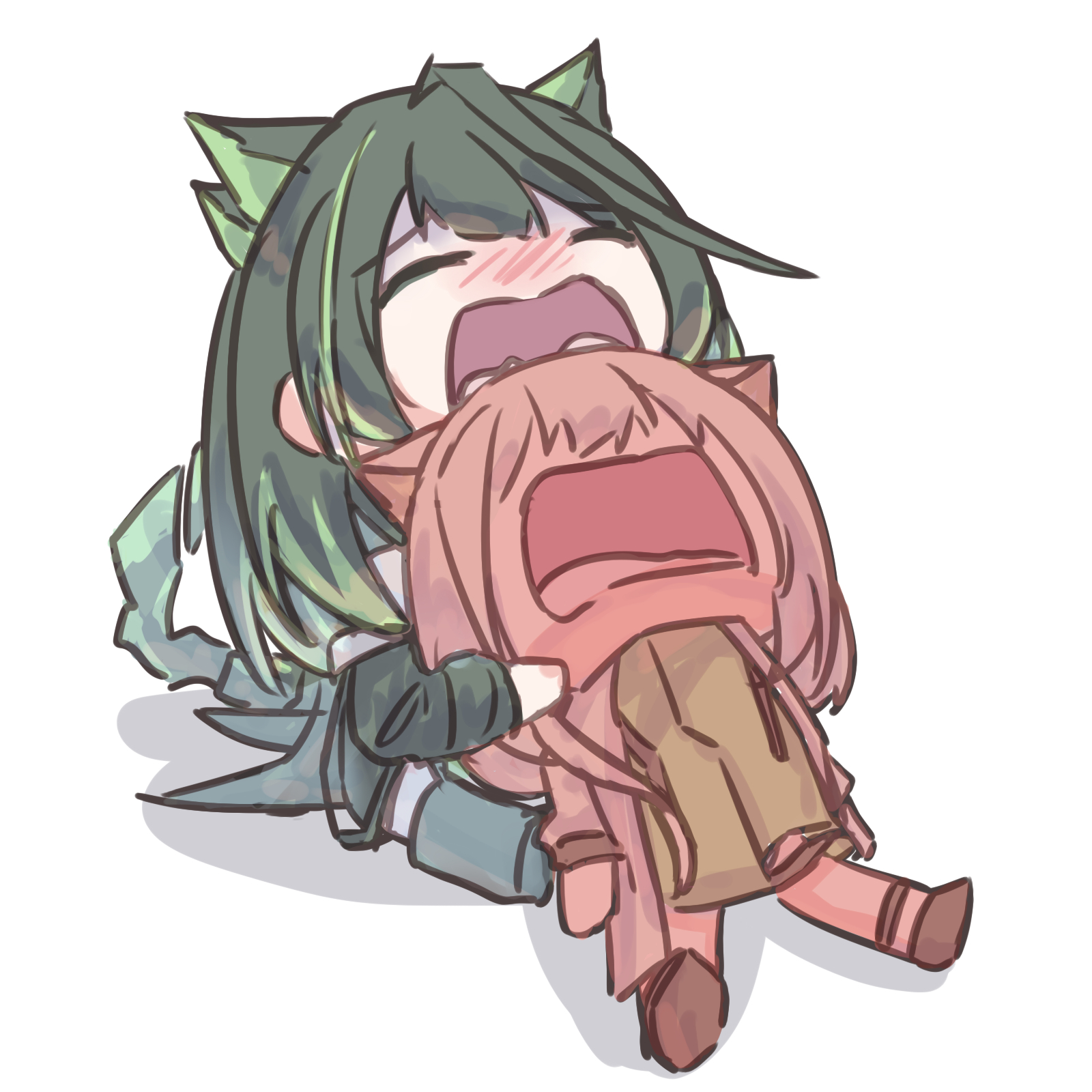 slark-chan, kal'tsit (arknights), mon3tr (arknights), arknights, commentary, english commentary, highres, photo-referenced, spoilers, 2girls, ahoge, animal ears, black hair, blush, cat ears, chibi, crying, crystal tail, dress, green dress, green hair, grey hair, huge ahoge, long hair, multiple girls, open mouth, simple background, sitting, sketch, white background