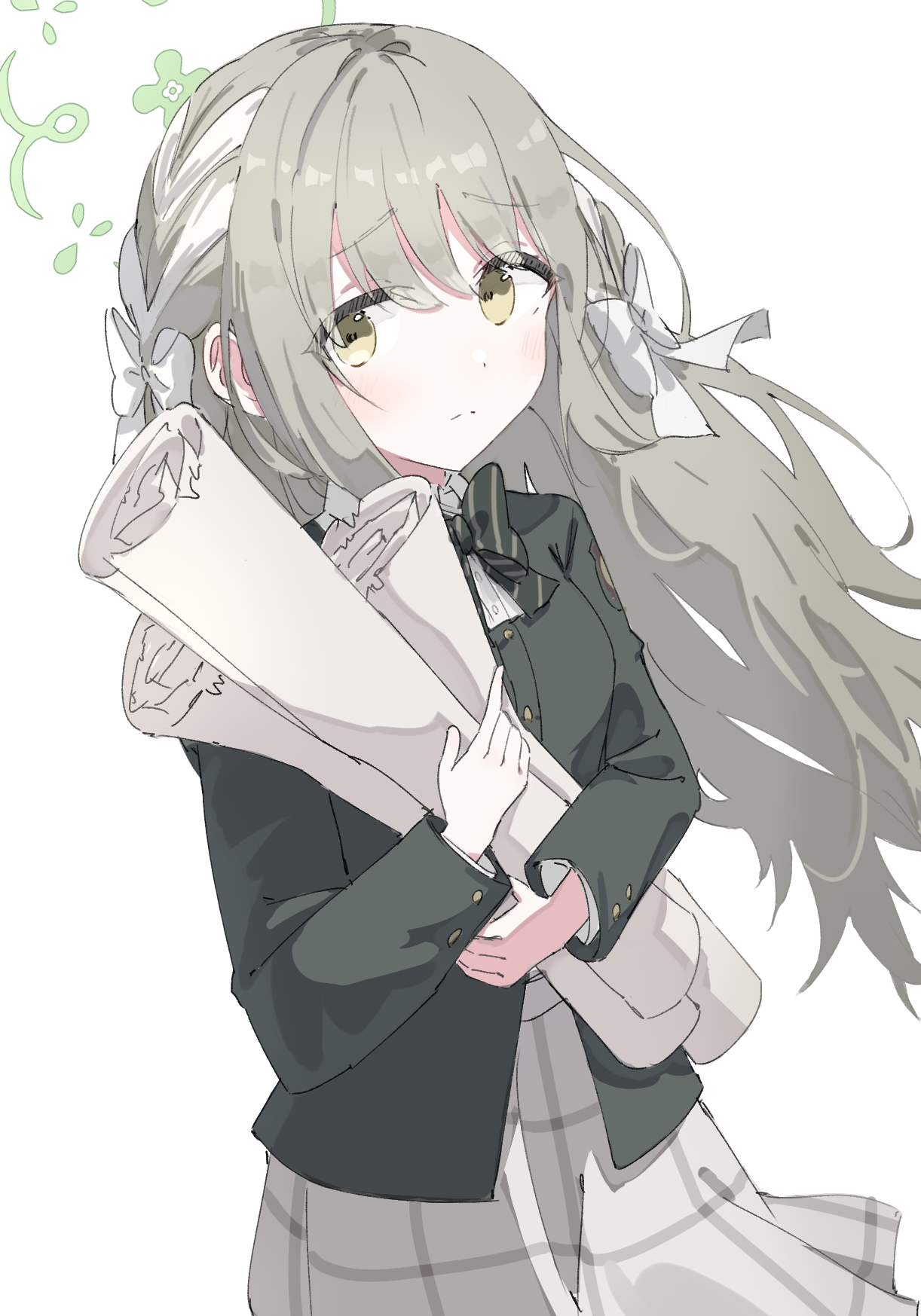 usaginoakubi802, miyo (blue archive), blue archive, commentary, highres, 1girl, blazer, bow, bowtie, braid, closed mouth, collared shirt, cowboy shot, diagonal-striped bow, diagonal-striped bowtie, diagonal-striped clothes, floating hair, green bow, green bowtie, green halo, green jacket, grey hair, grey skirt, hair bow, hair ribbon, halo, holding, holding scroll, jacket, light blush, long hair, long sleeves, looking at viewer, looking to the side, ribbon, ribbon braid, scroll, shirt, simple background, skirt, solo, striped bow, striped bowtie, striped clothes, swept bangs, white background, white bow, white ribbon, white shirt, yellow eyes