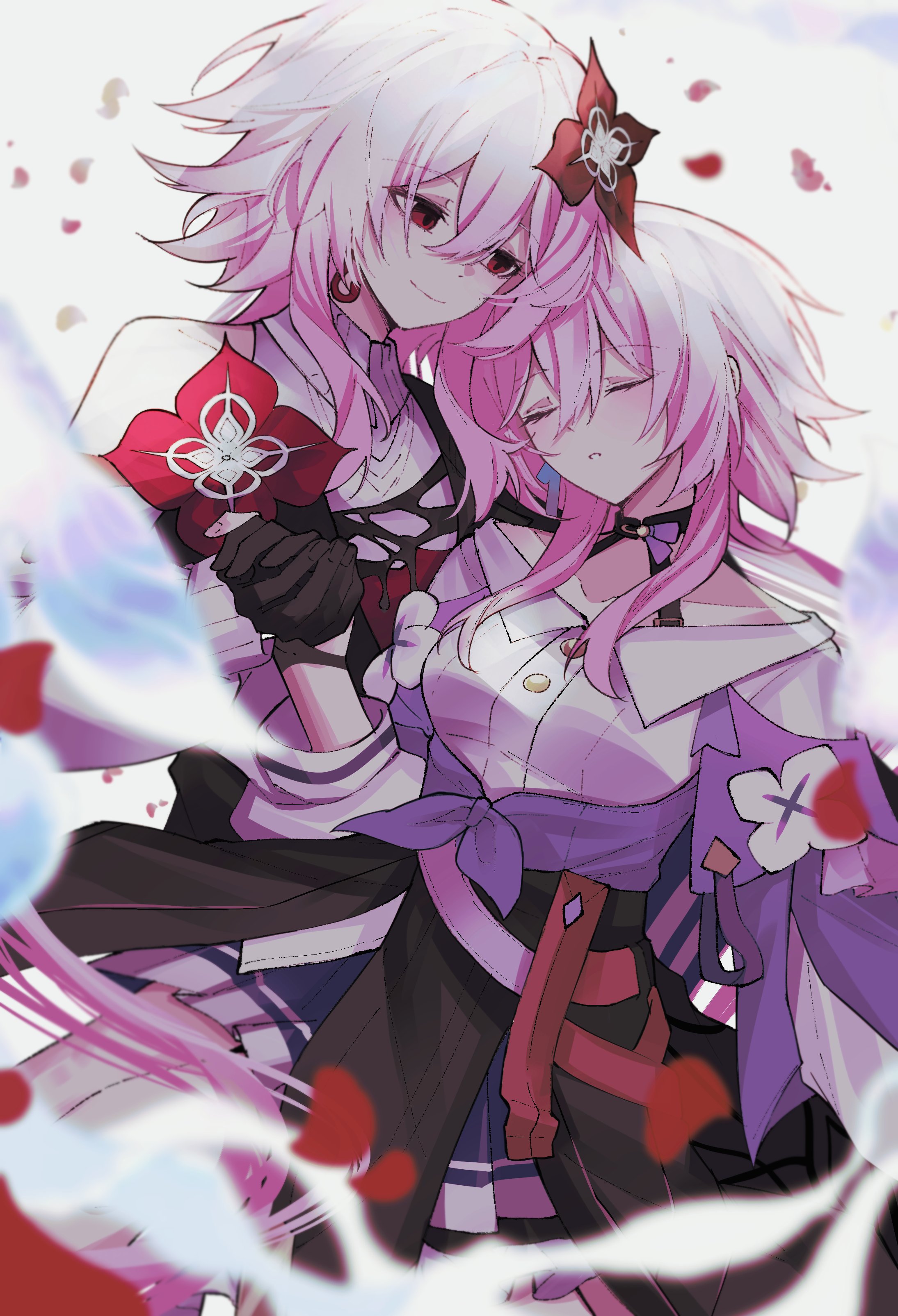 ritzchrono, evernight (honkai: star rail), march 7th (honkai: star rail), march 7th (preservation) (honkai: star rail), honkai: star rail, honkai (series), absurdres, commentary request, highres, 2girls, black choker, black dress, black gloves, black overskirt, blue jacket, blue skirt, bra strap, breasts, choker, closed eyes, closed mouth, crossed bangs, dress, dual persona, falling petals, flower, flower ornament, gloves, hair between eyes, hair flower, hair ornament, hand up, holding, holding hands, jacket, long sleeves, looking at another, medium breasts, medium hair, multiple girls, off-shoulder jacket, off shoulder, parted lips, petals, pink hair, pleated skirt, red eyes, red flower, shirt, short hair with long locks, sidelocks, single bare shoulder, sitting, sitting on lap, sitting on person, skirt, smile, tied jacket, underbust, white dress, white shirt, yuri