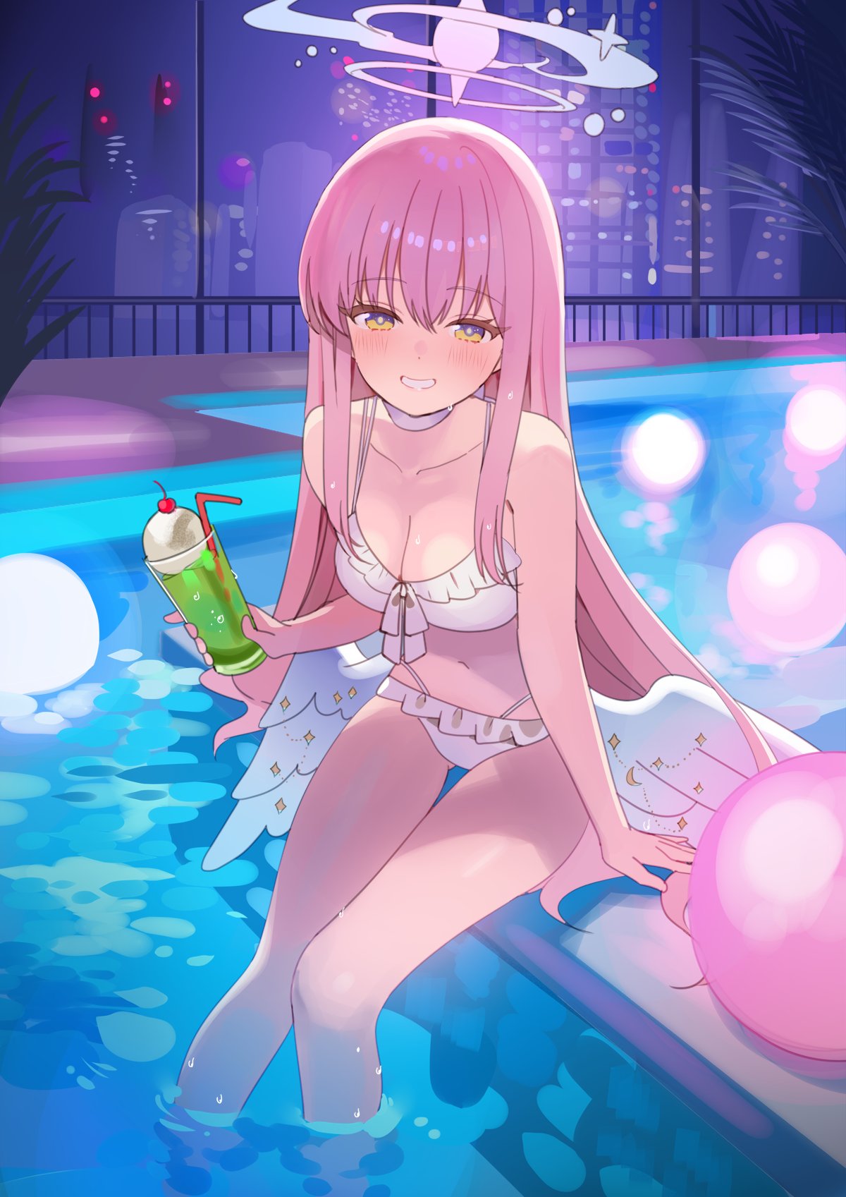 daredattakke, mika (blue archive), mika (swimsuit) (blue archive), blue archive, highres, 1girl, angel wings, bikini, blush, breasts, cherry, choker, cleavage, collarbone, cup, drink, drinking glass, drinking straw, feathered wings, food, frilled bikini, frills, fruit, grin, halo, holding, holding cup, ice cream, long hair, looking at viewer, low wings, medium breasts, navel, night, pink hair, pink halo, pool, poolside, sitting, smile, soaking feet, solo, swimsuit, very long hair, water, white bikini, white choker, white wings, wings, yellow eyes
