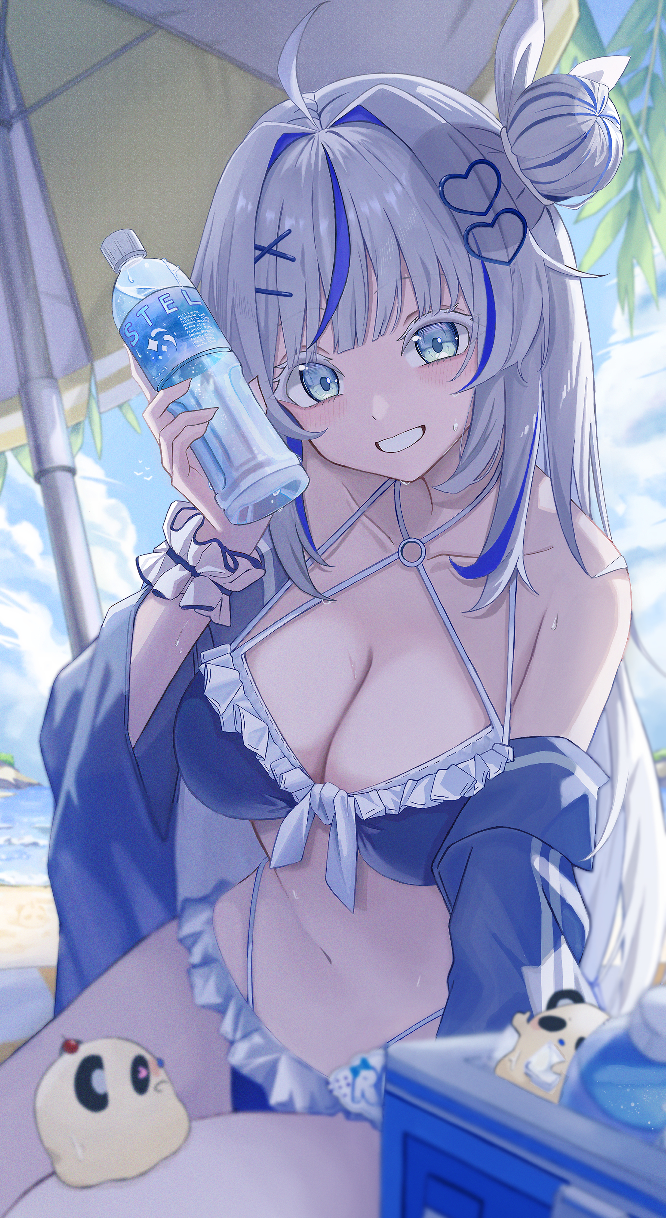 kku ri 92, aokumo rin, stellive, absurdres, commentary, highres, revision, 1girl, ahoge, bare shoulders, bikini, blue bikini, blue eyes, blue jacket, blurry, bottle, breasts, cleavage, colored eyelashes, criss-cross halter, depth of field, frilled bikini, frills, front-tie bikini top, front-tie top, grin, hair bun, halterneck, holding, holding bottle, jacket, large breasts, long hair, looking at viewer, multi-strapped bikini bottom, multi-strapped bikini top, navel, off shoulder, single side bun, smile, solo, stomach, strap gap, string bikini, swimsuit, thighs, virtual youtuber, wet, white eyelashes, white hair