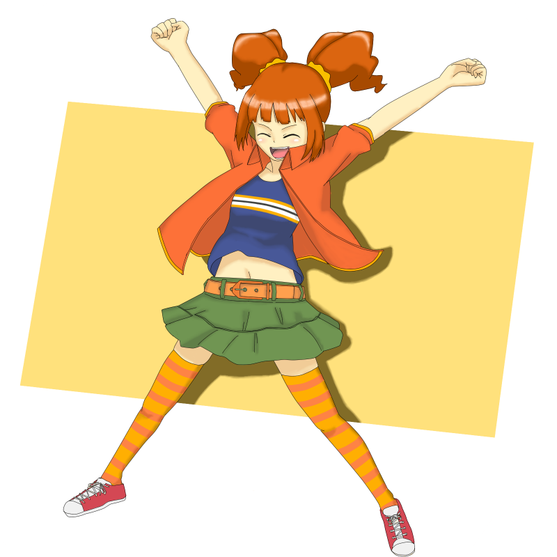 ishi (isiris), takatsuki yayoi, idolmaster, idolmaster (classic), idolmaster 1, multicolored legwear, 00s, 1girl, arms up, closed eyes, female focus, full body, happy, midriff, miniskirt, navel, orange hair, outstretched arms, shirt, skirt, solo, stretching, striped clothes, striped thighhighs, thighhighs, twintails