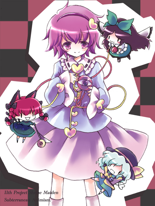 suzuki (chidori), suzuki ao, kaenbyou rin, komeiji koishi, komeiji satori, reiuji utsuho, touhou, silver hair, 4girls, black hair, chibi, copyright name, female focus, hat, heart, heart of string, long hair, multiple girls, pink hair, red hair, ribbon, short hair, twintails