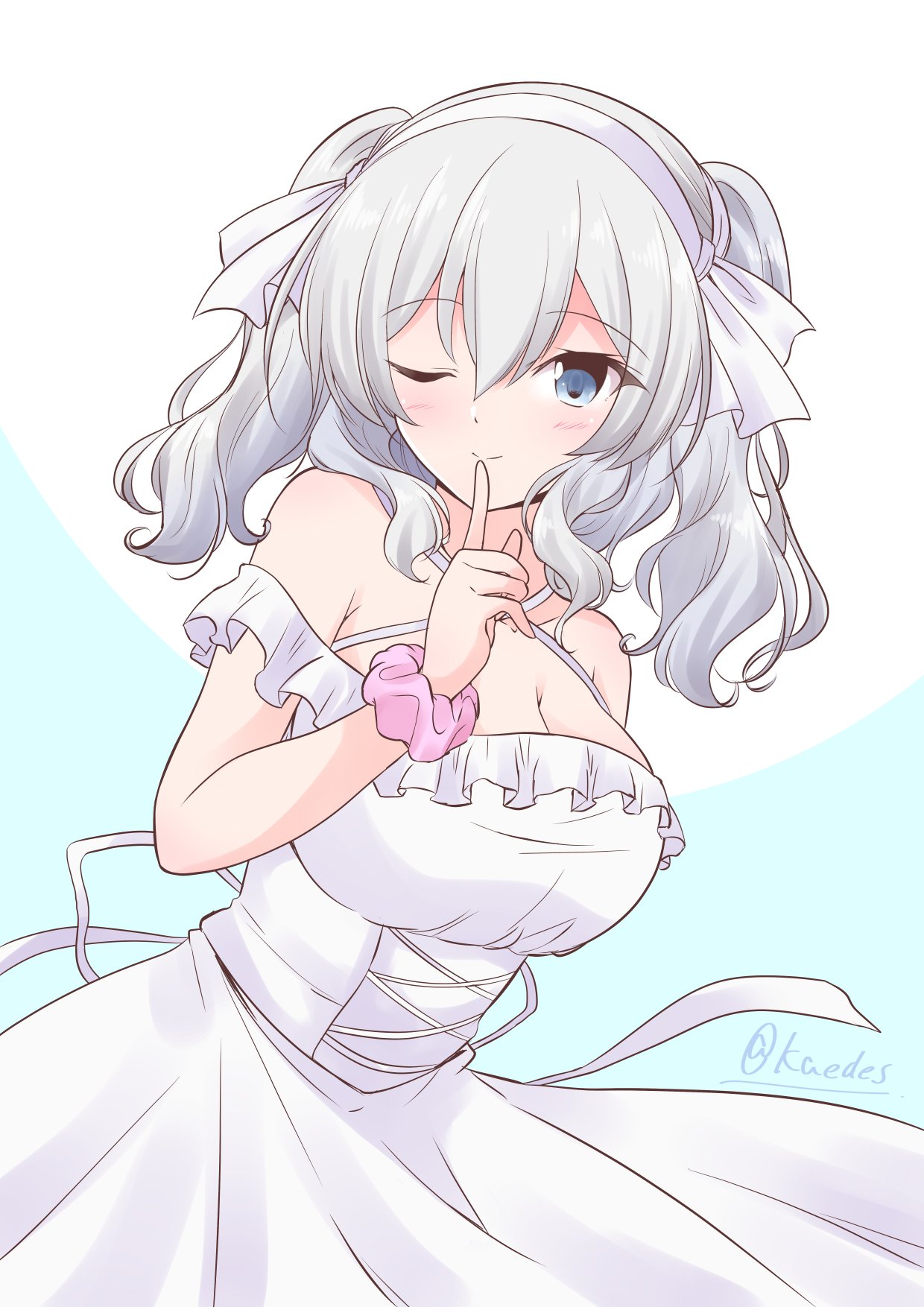 shizuna kaede, kashima (kancolle), kantai collection, commentary request, highres, 1girl, alternate costume, blue eyes, breasts, criss-cross halter, dress, finger to mouth, frilled dress, frills, hairband, halterneck, index finger raised, large breasts, long hair, off-shoulder dress, off shoulder, one-hour drawing challenge, one eye closed, pink scrunchie, scrunchie, solo, twintails, wavy hair, white hairband, wrist scrunchie