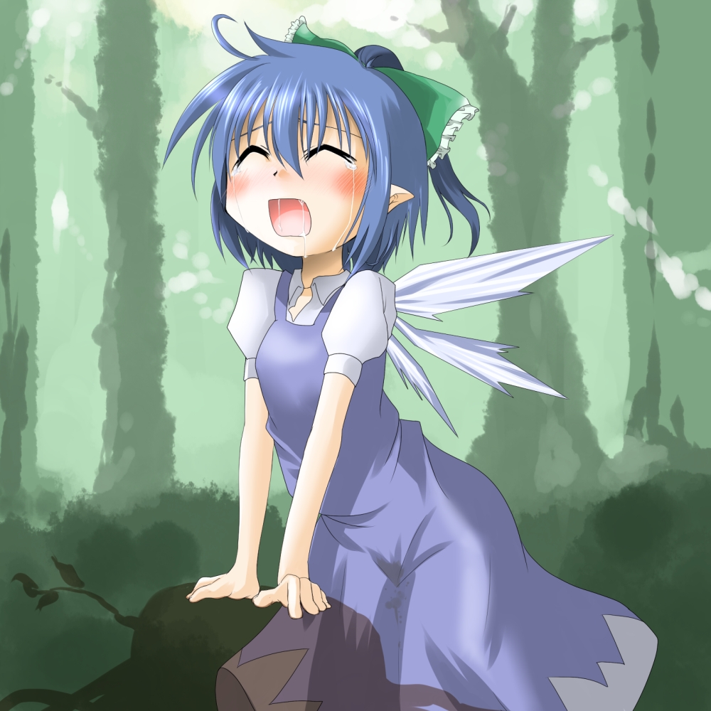 yoshizawa hikoto, cirno, shoot the bullet, touhou, bad id, bad pixiv id, 1girl, blue hair, blush, female focus, female masturbation, loli, masturbation, open mouth, pointy ears, ribbon, saliva, short hair, solo, tears, tree stump, wings