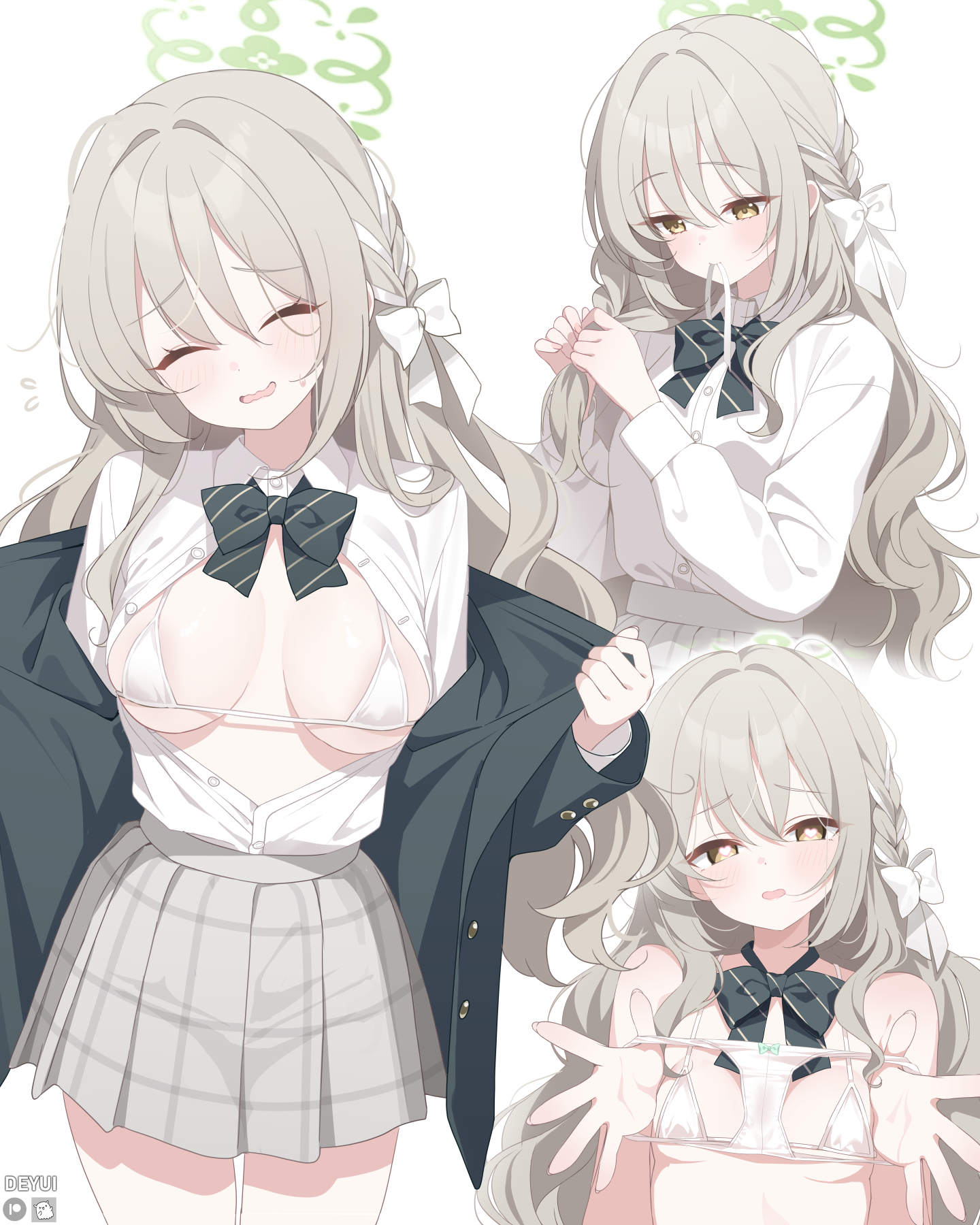 deyui, miyo (blue archive), blue archive, commentary request, highres, 1girl, adjusting hair, areola slip, bikini, black bow, black bowtie, black coat, blush, bow, bowtie, braid, braiding hair, breasts, center opening, coat, diagonal-striped bow, diagonal-striped bowtie, diagonal-striped clothes, green eyes, green halo, grey skirt, hair between eyes, hair tie in mouth, hairdressing, halo, hand in own hair, hands in own hair, heart, heart-shaped pupils, holding, holding own hair, holding panties, holding underwear, holding unworn clothes, long hair, looking at viewer, medium breasts, micro bikini, miniskirt, mouth hold, open clothes, open coat, open mouth, opened by self, panties, partially unbuttoned, pleated skirt, presenting removed panties, shirt, simple background, skindentation, skirt, stained panties, striped bow, striped bowtie, striped clothes, swimsuit, symbol-shaped pupils, tying hair, underwear, very long hair, white background, white bikini, white panties, white shirt
