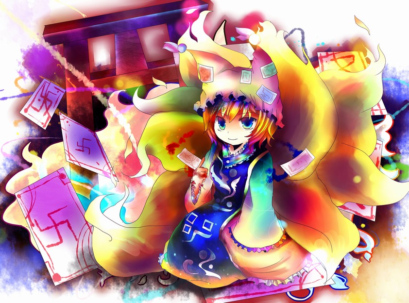 kazu (muchuukai), yakumo ran, touhou, bad id, bad pixiv id, 1girl, animal ears, animal hat, blonde hair, blue eyes, blunt bangs, colorful, expressionless, female focus, fox ears, fox tail, hat, jitome, long sleeves, mob cap, multiple tails, short hair, solo, tabard, tail, tassel, wide sleeves