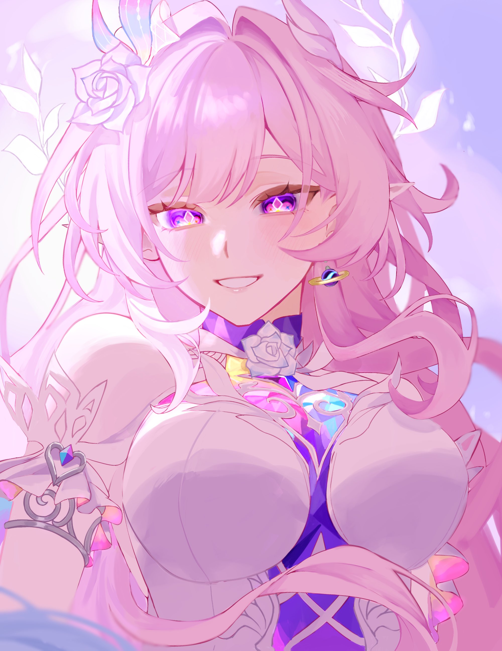 tomato (toma 17 1129), cyrene (honkai: star rail), cyrene (ripples of past reverie) (honkai: star rail), honkai: star rail, honkai (series), absurdres, commentary request, highres, 1girl, bare shoulders, blue sky, breasts, diamond-shaped pupils, diamond (shape), dress, earrings, flower, hair flower, hair ornament, halo, jewelry, large breasts, long hair, pink hair, purple eyes, sky, smile, solo, symbol-shaped pupils, upper body, very long hair, white dress