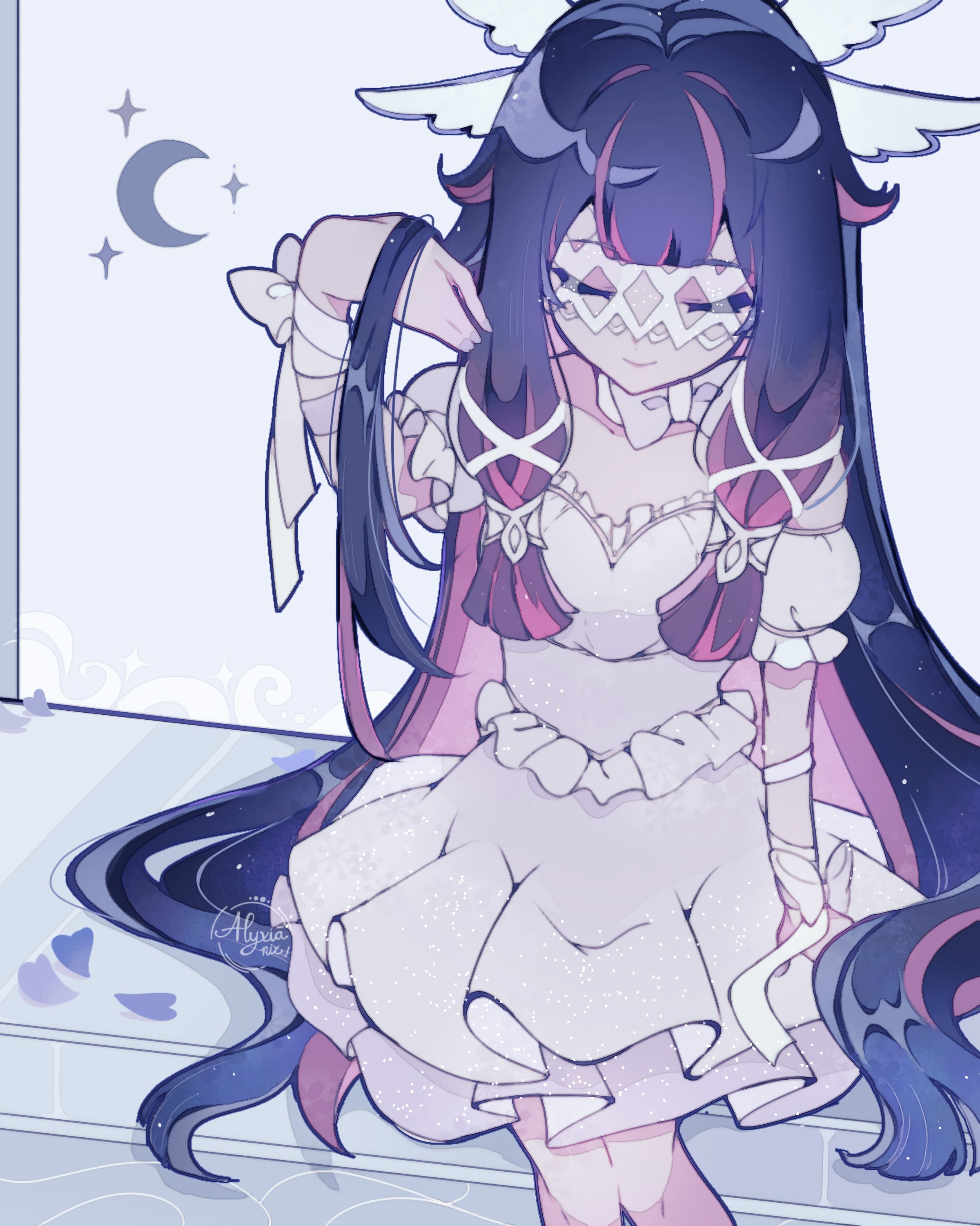 lyxia, columbina (genshin impact), genshin impact, absurdres, highres, 1girl, black hair, bow, closed eyes, dress, eye mask, feathered wings, hand in own hair, head wings, long hair, multicolored hair, off-shoulder dress, off shoulder, pink hair, solo, white bow, white dress, white wings, wings