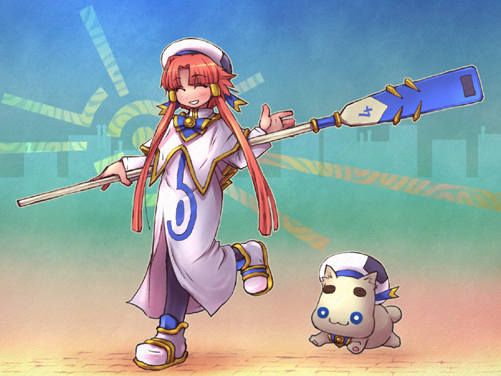 sankuma, aria pokoteng, mizunashi akari, aria (manga), 00s, 1girl, :d, animal, beret, blue eyes, blush, capelet, cat, closed eyes, dress, female focus, full body, hair tubes, hat, high collar, holding, long hair, looking at viewer, oar, open mouth, pantyhose, pink hair, purple pantyhose, running, short hair with long locks, side slit, sidelocks, smile, solo, twintails, very long hair