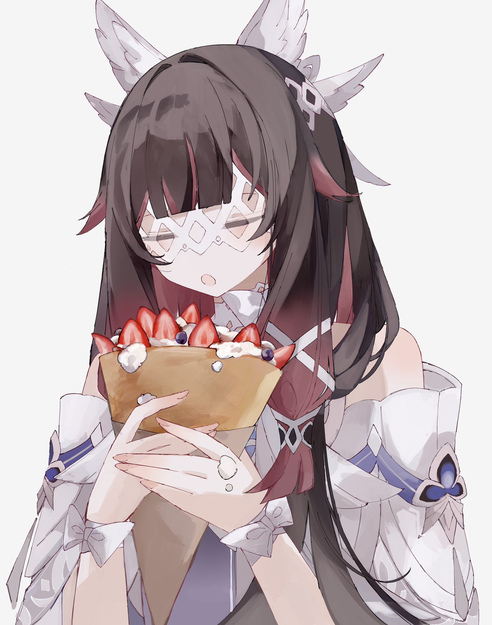 kikinonono, columbina (genshin impact), genshin impact, highres, 1girl, bare shoulders, black hair, closed eyes, crepe, dress, eye mask, feathered wings, food, grey background, head wings, holding, holding crepe, holding food, long hair, multicolored hair, pink hair, simple background, solo, upper body, white dress, white wings, wings