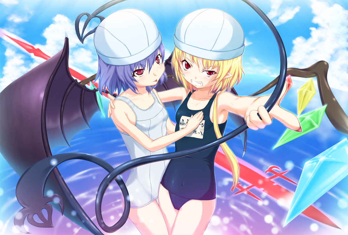 mafu, flandre scarlet, remilia scarlet, touhou, bad id, bad pixiv id, 2girls, blonde hair, blue hair, female focus, gradient background, hat, laevatein, multiple girls, ocean, one-piece swimsuit, outdoors, polearm, school swimsuit, short hair, siblings, sisters, sky, spear, spear the gungnir, swimsuit, weapon, white one-piece swimsuit, wings