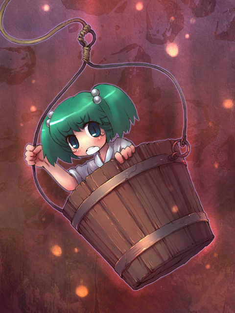 sankuma, kisume, touhou, 1girl, bucket, female focus, green hair, hair bobbles, hair ornament, in bucket, in container, short hair, solo, twintails