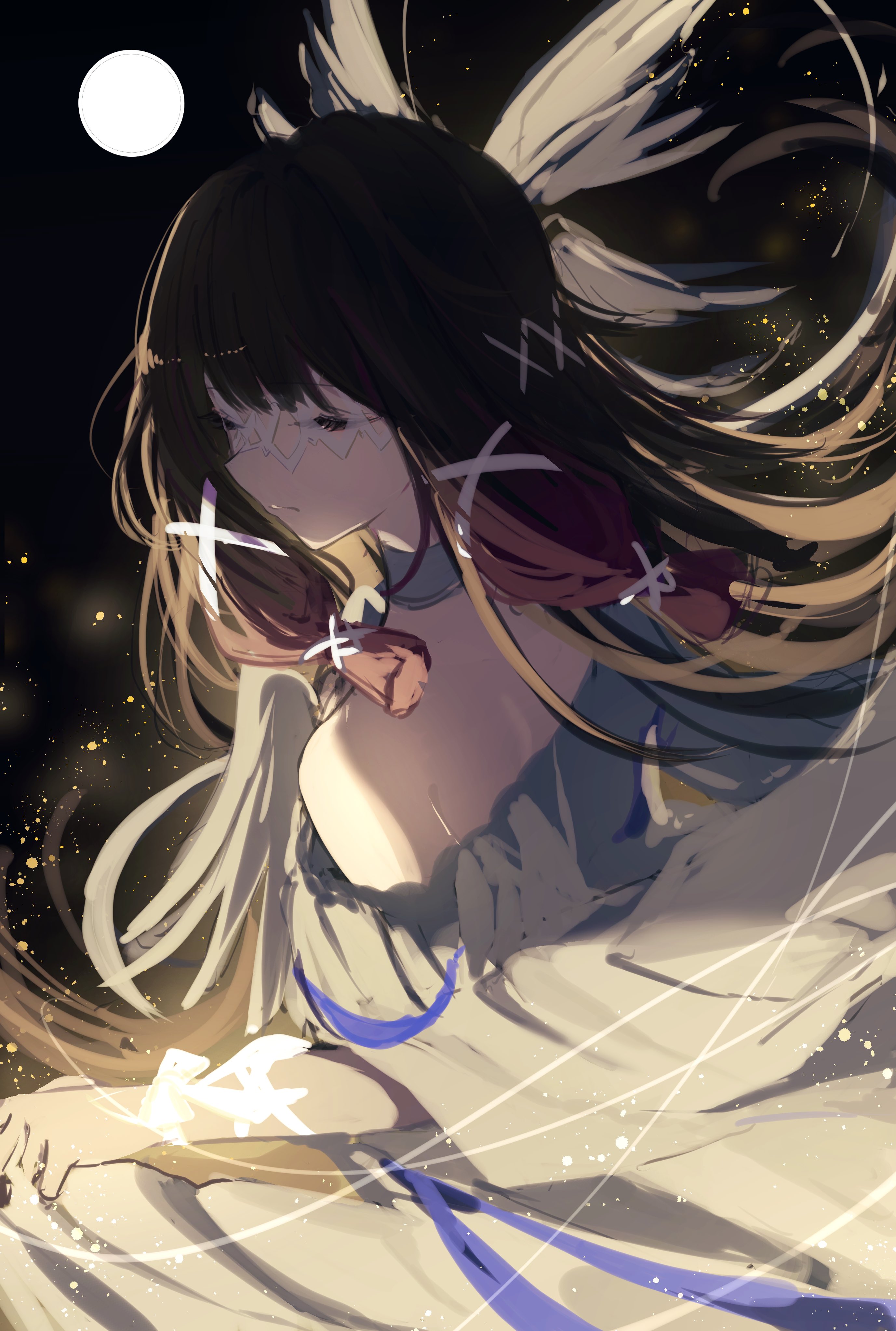 magnet 8 8, columbina (genshin impact), genshin impact, absurdres, highres, 1girl, bare shoulders, black hair, closed eyes, dress, eye mask, feathered wings, floating hair, full moon, head wings, long hair, moon, multicolored hair, off-shoulder dress, off shoulder, pink hair, solo, white dress, white wings, wings