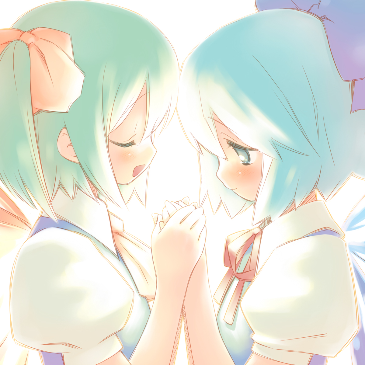 gayarou, haruo (clownberry), cirno, daiyousei, embodiment of scarlet devil, touhou, highres, 2girls, blue hair, female focus, green hair, holding hands, long hair, multiple girls, ribbon, short hair, yuri