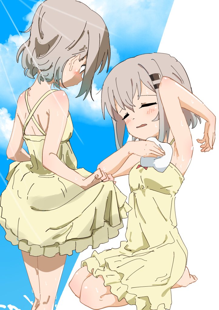 ryuuma (norinori taruto), yukimura aoi, yama no susume, 1girl, armpits, blue sky, breasts, brown hair, clothes lift, dress, dress lift, hair ornament, hairclip, medium hair, simple background, sky, small breasts, sundress, white background