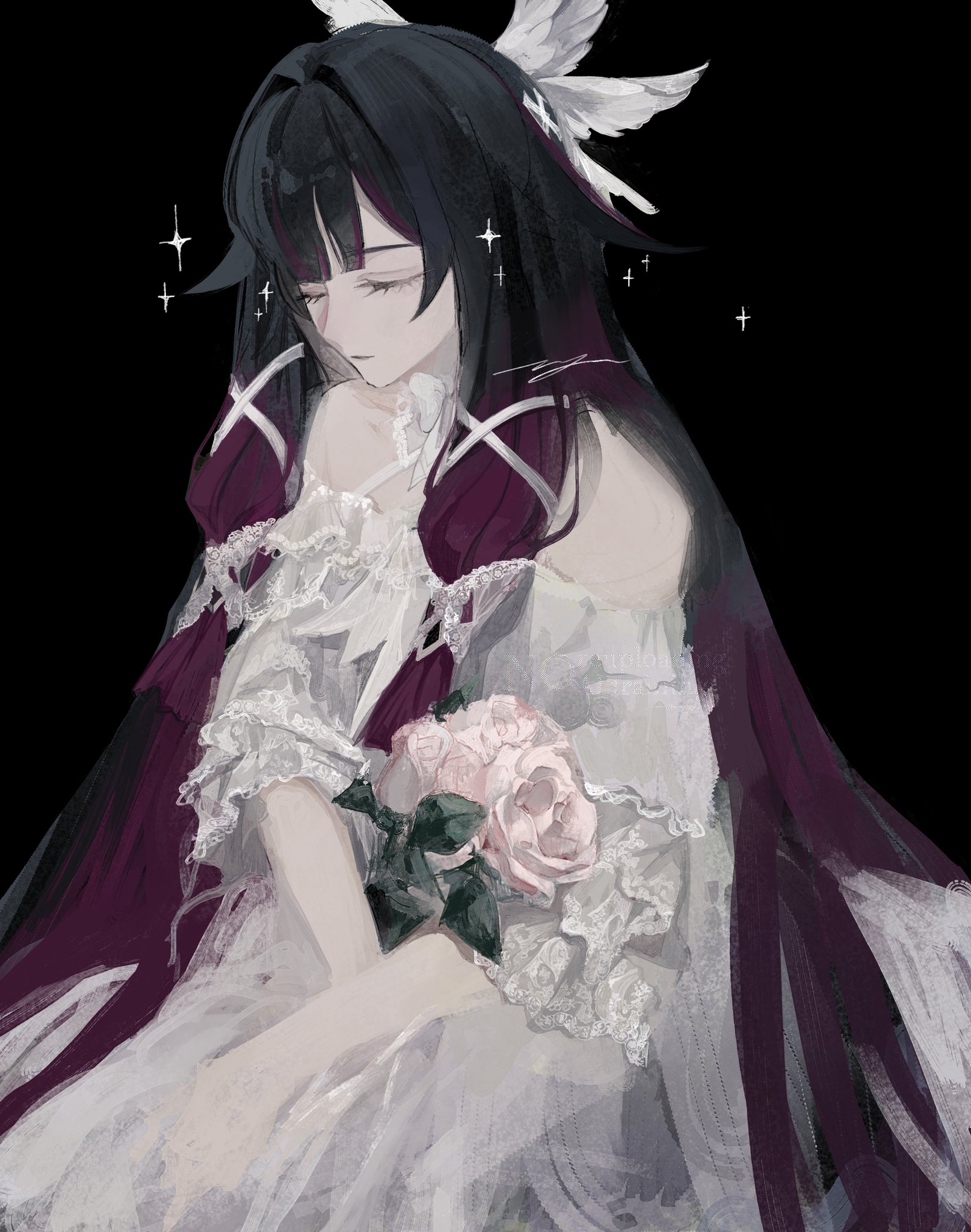 co6 3g, columbina (genshin impact), genshin impact, highres, 1girl, black bow, black hair, bow, closed eyes, dress, feathered wings, flower, head wings, long hair, multicolored hair, off-shoulder dress, off shoulder, pink hair, simple background, solo, white dress, white flower, white wings, wings