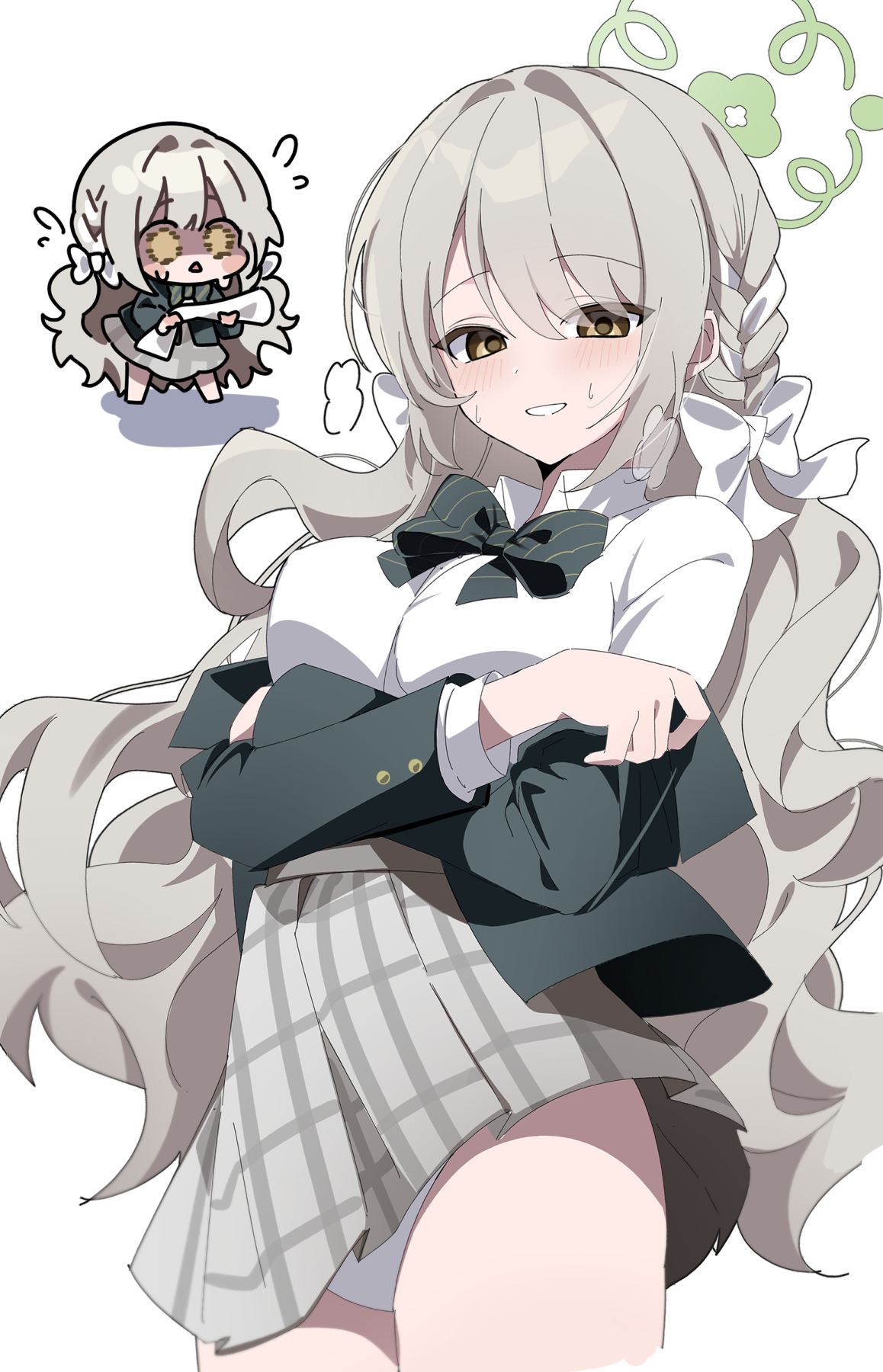 chaum, miyo (blue archive), blue archive, highres, 1girl, black bow, blush, bow, bowtie, braid, breasts, brown eyes, chibi, collared shirt, cropped legs, flying sweatdrops, grey hair, grey skirt, halo, jacket, long hair, long sleeves, looking at viewer, panties, plaid clothes, plaid skirt, pleated skirt, school uniform, shirt, simple background, skirt, smile, underwear, white background, white panties, white shirt