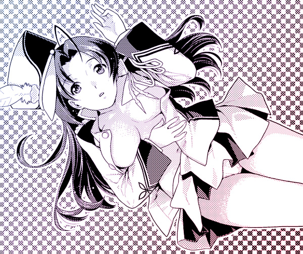 nekomata naomi, miura azusa, idolmaster, idolmaster (classic), 00s, 1girl, band uniform, breasts, female focus, hat, large breasts, long hair, lying, monochrome, open clothes, panties, shako cap, solo, underwear