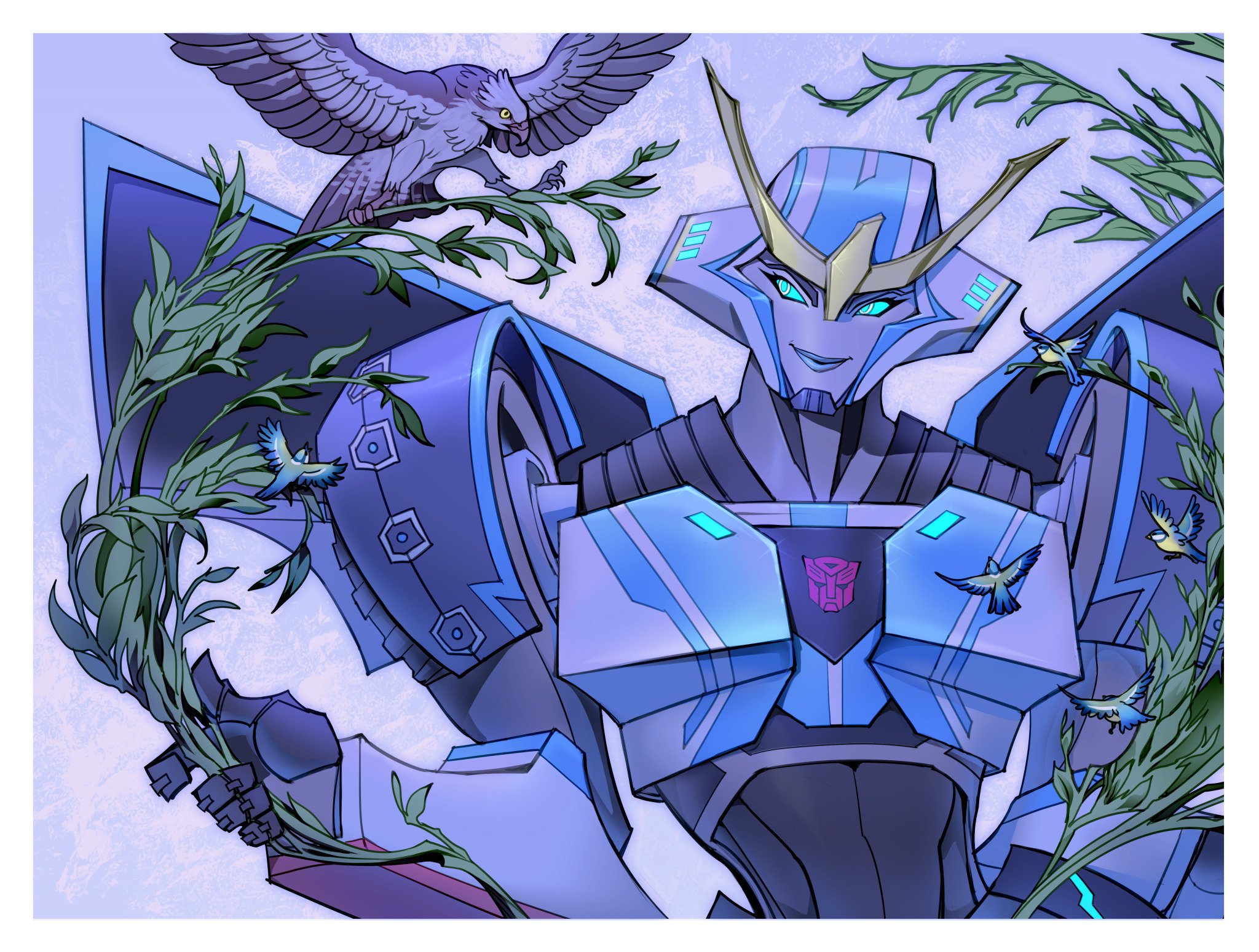 sir garrowman, strongarm (transformers), transformers, transformers: robots in disguise (2015), highres, 1girl, aqua lips, autobot, bird, blue lips, hawk, humanoid robot, insignia, robot, robot girl, science fiction, v-fin