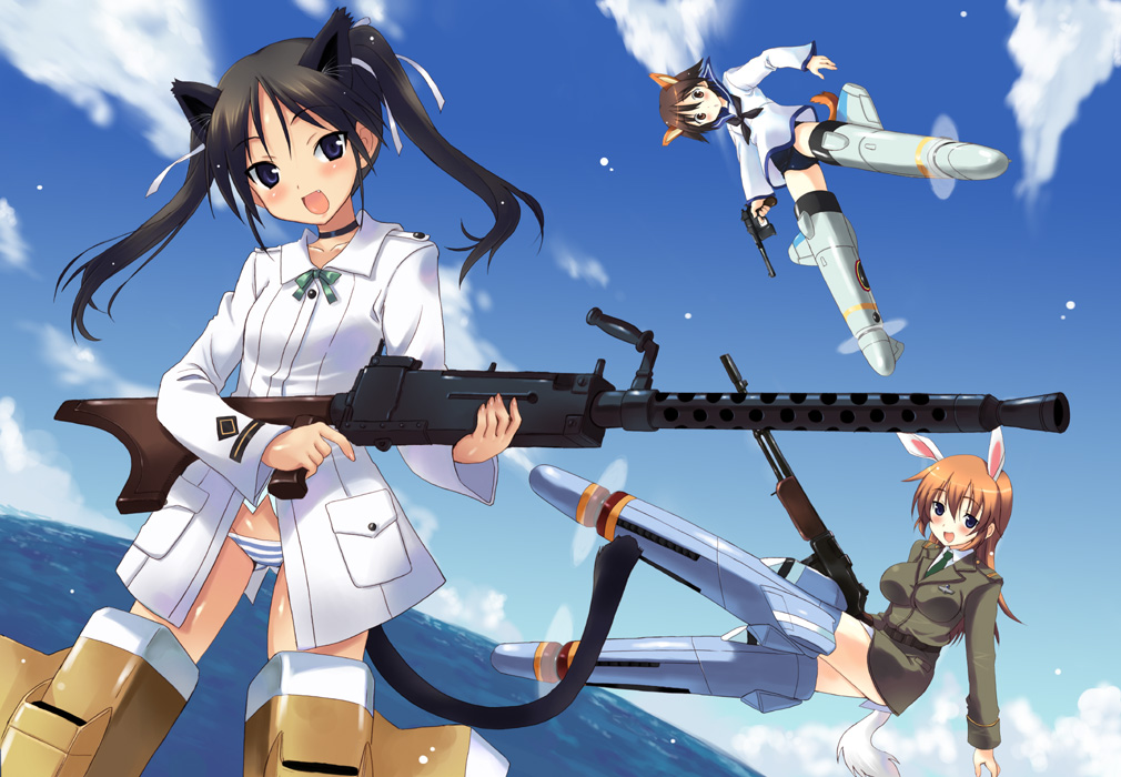 kyogoku shin, charlotte e. yeager, francesca lucchini, miyafuji yoshika, strike witches, world witches series, 00s, 3girls, animal ears, black hair, black panties, blue eyes, cat ears, cat tail, day, gun, handgun, light machine gun, long hair, m1918 bar, machine gun, mauser c96, multiple girls, panties, pistol, rabbit ears, rabbit girl, striker unit, striped clothes, striped panties, swimsuit, swimsuit under clothes, tail, twintails, underwear, weapon