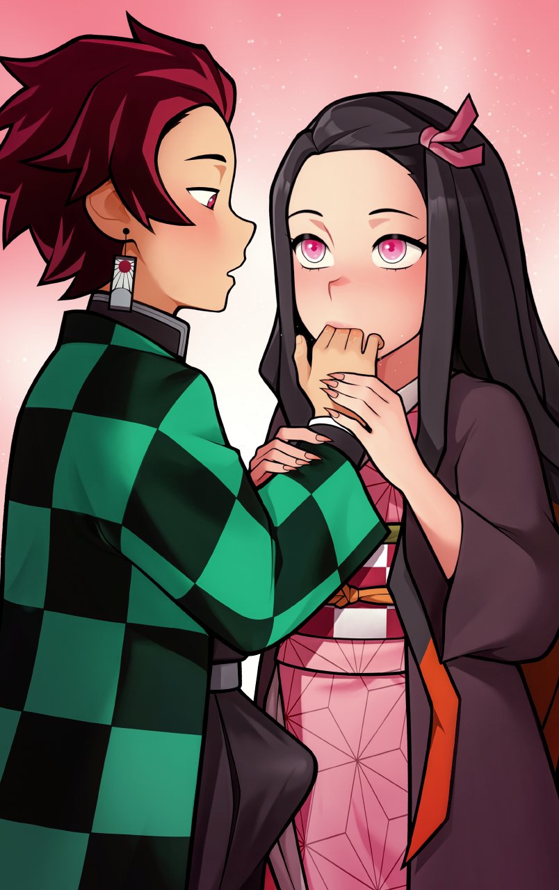 loodncrood, kamado nezuko, kamado tanjirou, kimetsu no yaiba, highres, 1boy, 1girl, black hair, brown hair, bulge, earrings, eye contact, finger in another's mouth, gradient background, hair ribbon, japanese clothes, jewelry, kimono, long hair, long sleeves, looking at another, multicolored hair, pink background, pink eyes, pink kimono, pink ribbon, red hair, ribbon, sash, white background