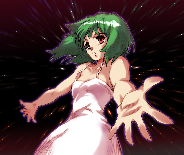 hisahiko, ranka lee, macross, macross frontier, 00s, 1girl, female focus, foreshortening, green hair, outstretched arms, outstretched hand, red eyes, short hair, solo, spread arms